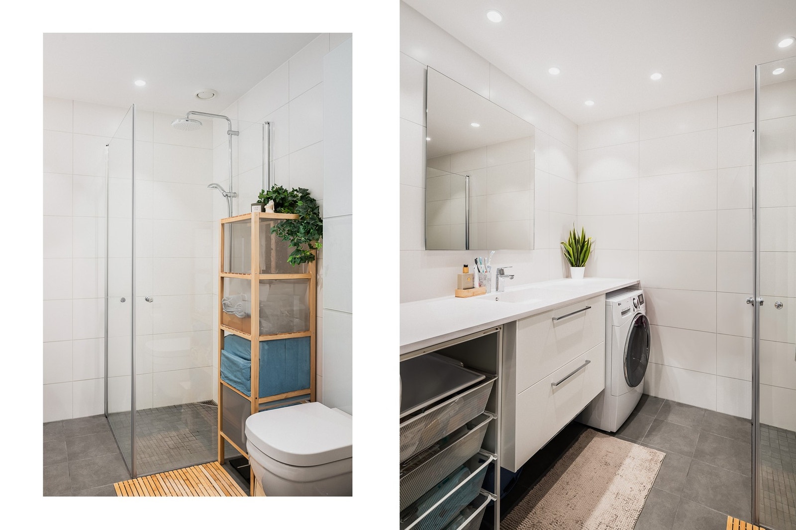 Badet i leiligheten er helfliset og pent, med smarte løsninger, downlights og elektrisk gulvvarme. Galleribilde