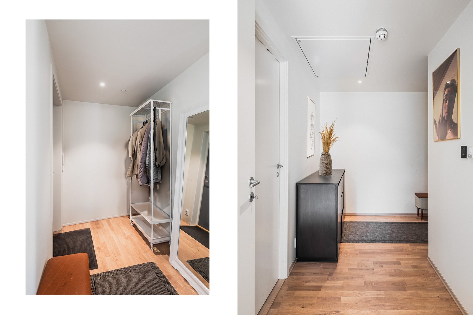 Leilighetens entré har downlights i himlingen og vannbåren varme i gulvet. Galleribilde