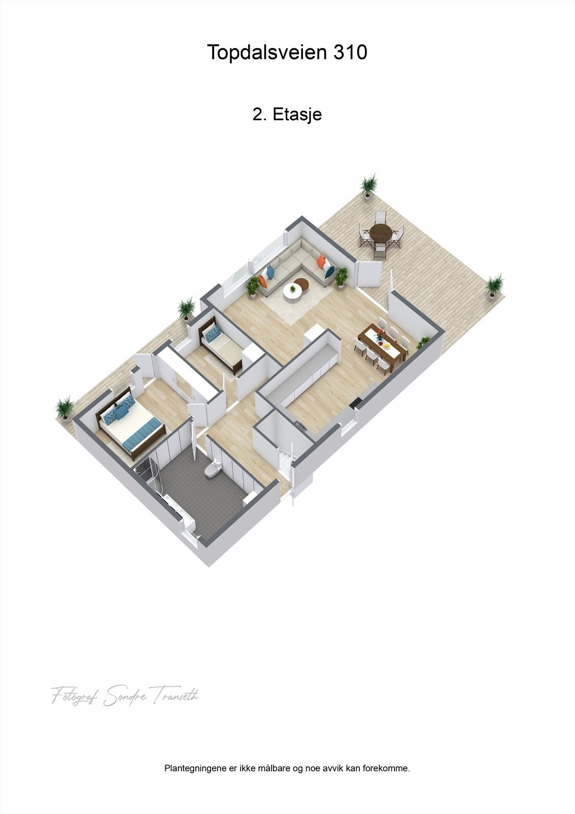 Planløsning 1.etg.: entre/mellomgang, bad, 2 stk. soverom, samt åpen stue/kjøkkenløsning med tilkomst til terrasse. Galleribilde