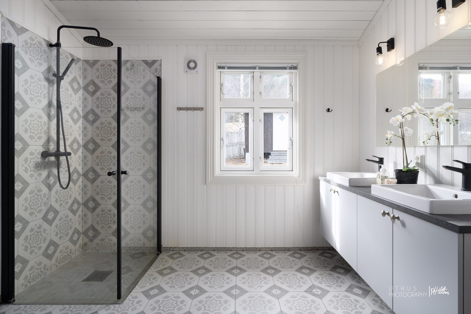 Badet er har innredning med 2 stk nedfelte servanter med overhengende speil og belysning.
Dusjen er plassert i hjørnet og har både håndholdt og fast dusjarmatur, samt dusjvegger. Galleribilde