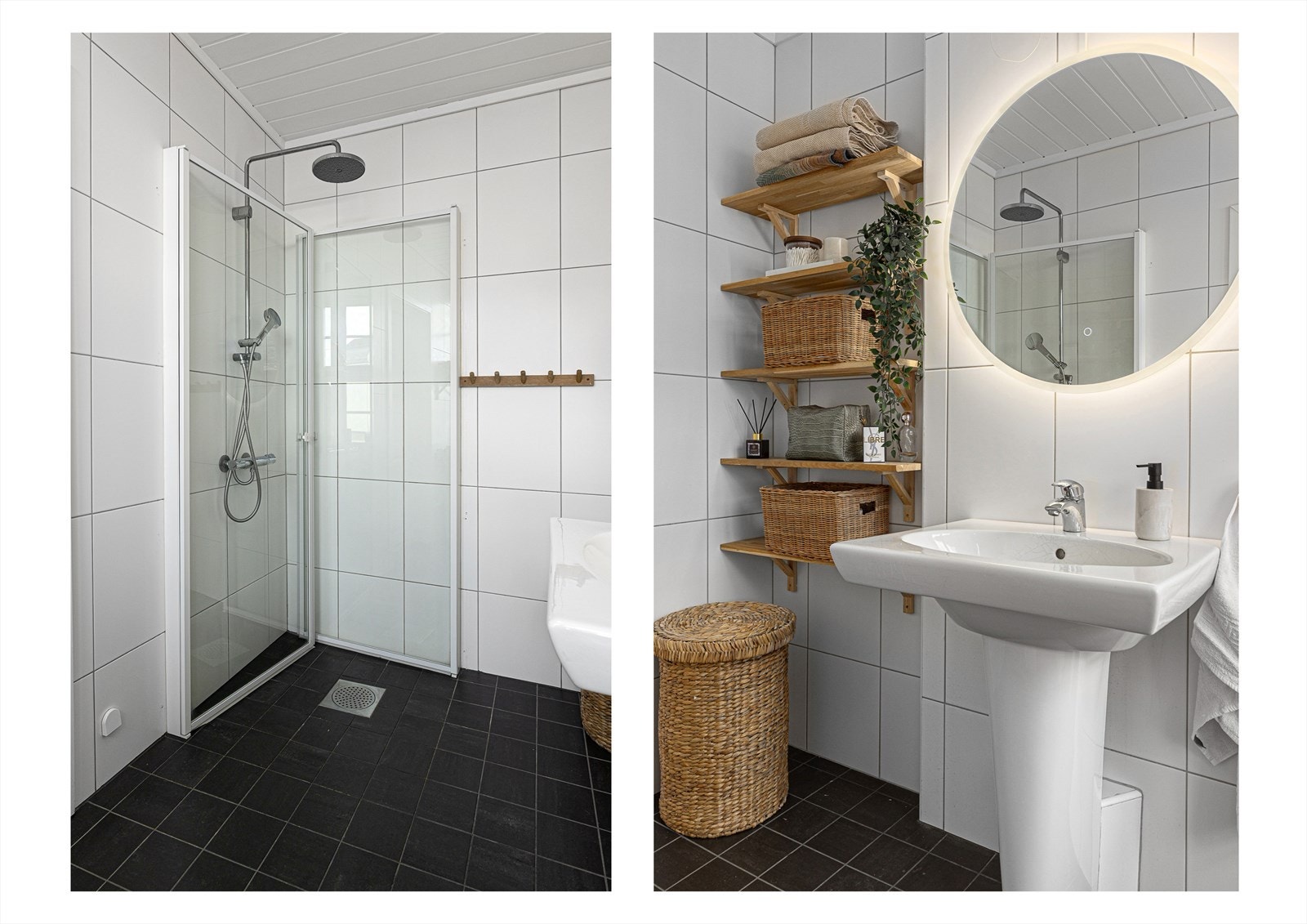 Innredning bestående av gulvstående toalett, servant med ettgreps blandebatteri, blandebatteri, dusjarmatur, plass og opplegg for vaskemaskin. Galleribilde