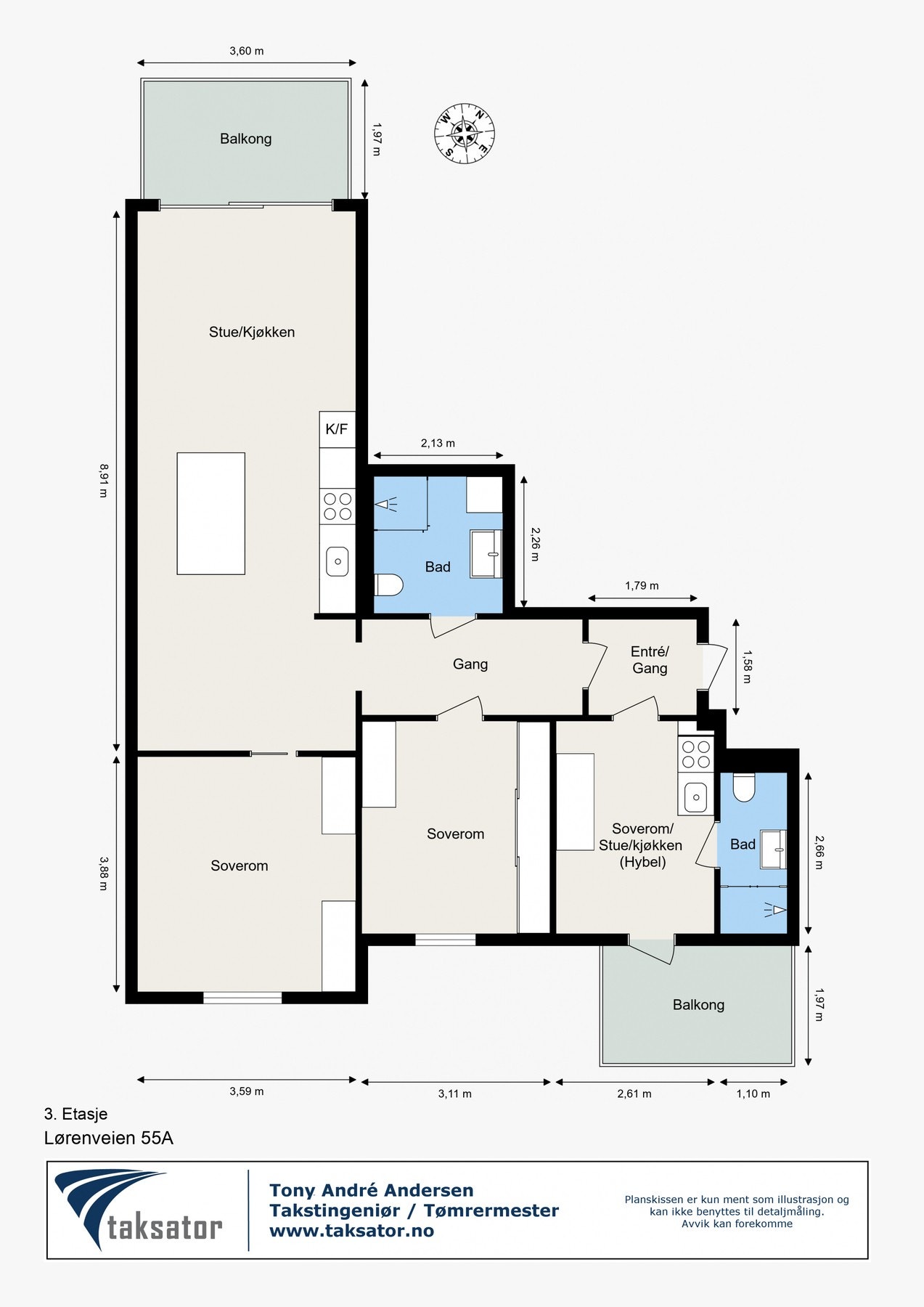 Leiligheten har en god og fleksibel planløsning hvor du kan velge mellom å bruke hele leiligheten med 3 soverom og 2 bad, eller leie ut hybeldelen Galleribilde