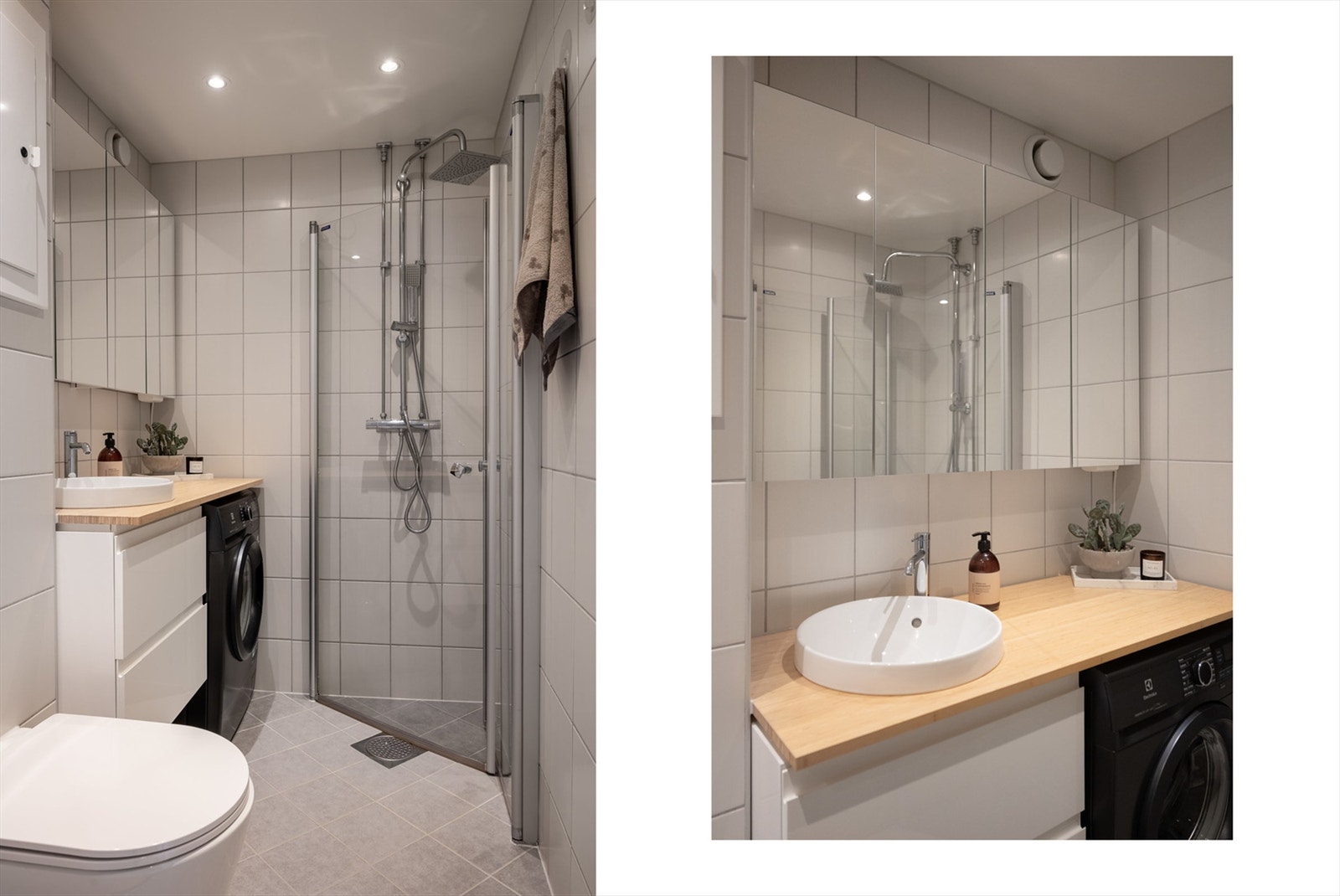 Badet ble totalrenovert i 2016 i regi av borettslaget, og fremstår i dag som moderne og innbydende. Fornyet i 2023 og 2025 med ny benkeplate, kran og servant. Galleribilde