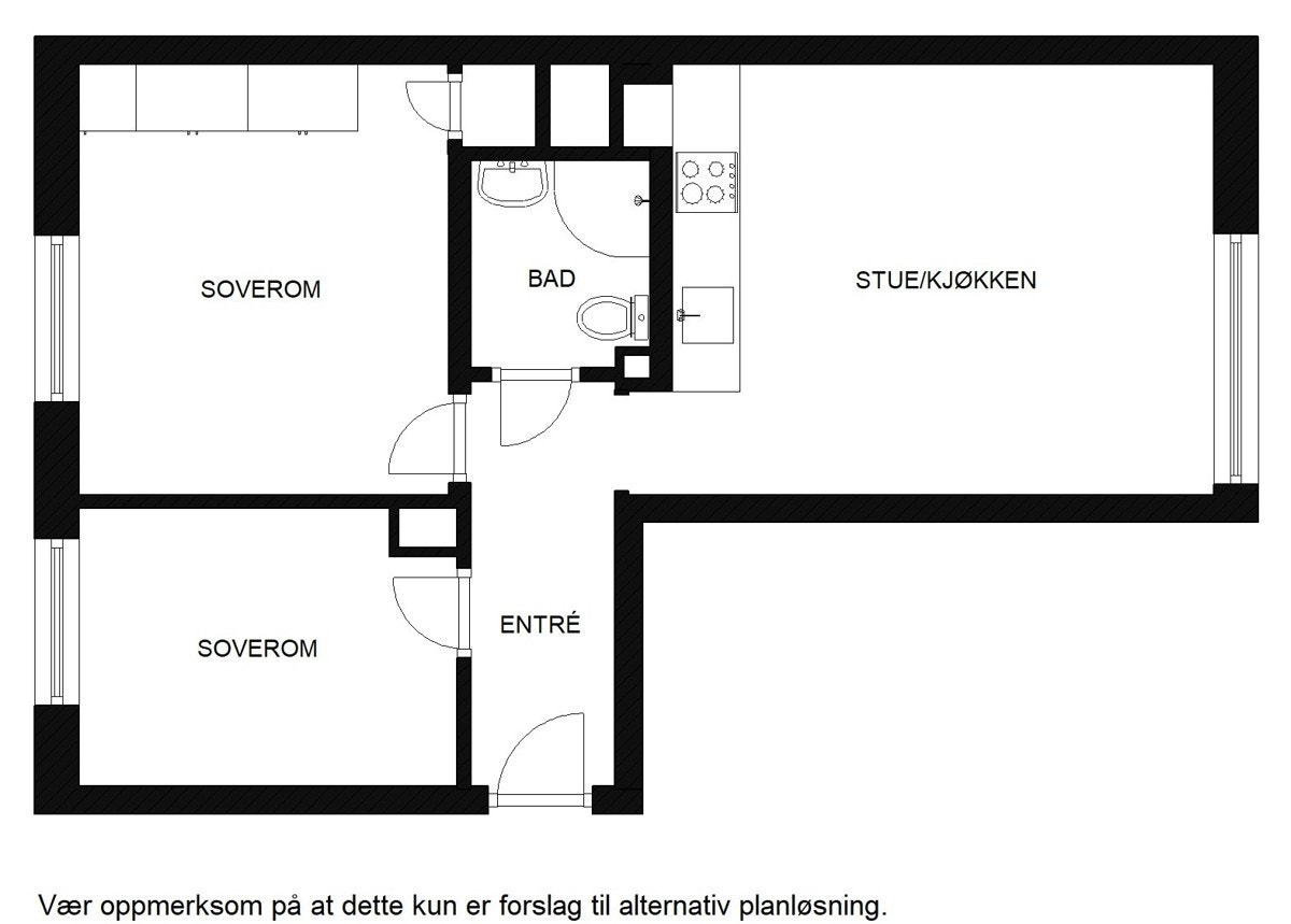 Alternativ planskisse. Flere beboere i brl. har flyttet kjøkken inn i stue for å etablere eget soverom. Galleribilde