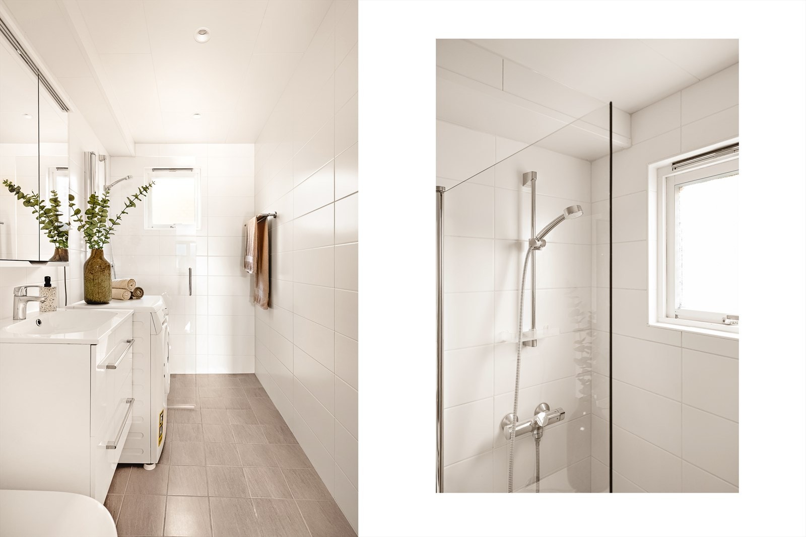 Flott helfliset bad med takplater m/led spotlights i himling og varmekabler i gulv. Inneholder: Servant med møblement/speilskap og belysning, vegghengt toalett, innfellbar dusjdør i glass, dusjgarnityr, opplegg for vaskemaskin og rør i rør skap. Galleribilde
