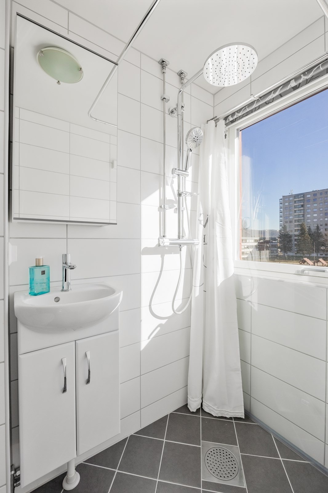 Praktisk dusj med dusjforheng, samt et praktisk speilskap som har rikelig med oppbevaringsmuligheter Galleribilde