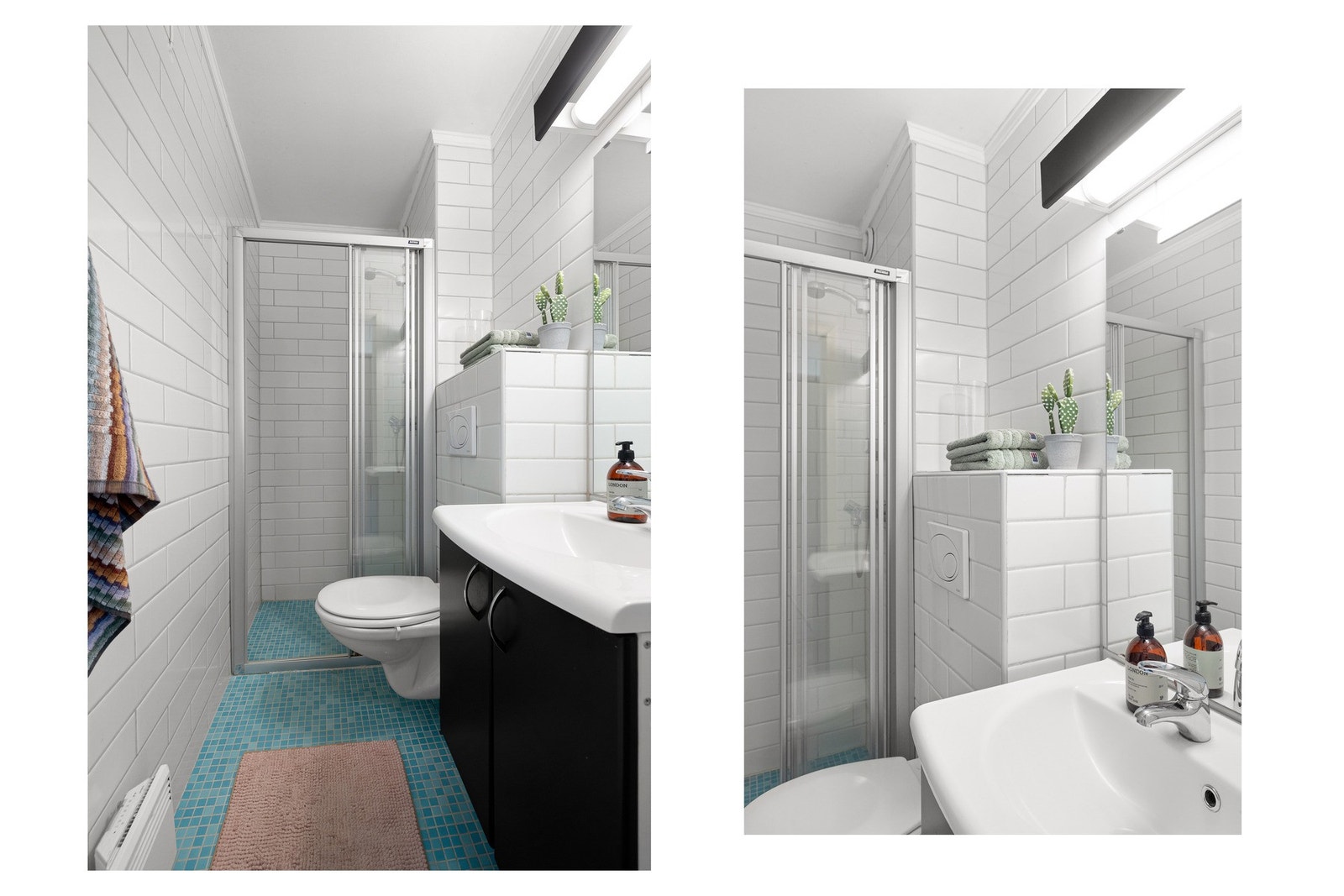 Badet er innredet med servantinnredning, toalett og dusjsone. Galleribilde