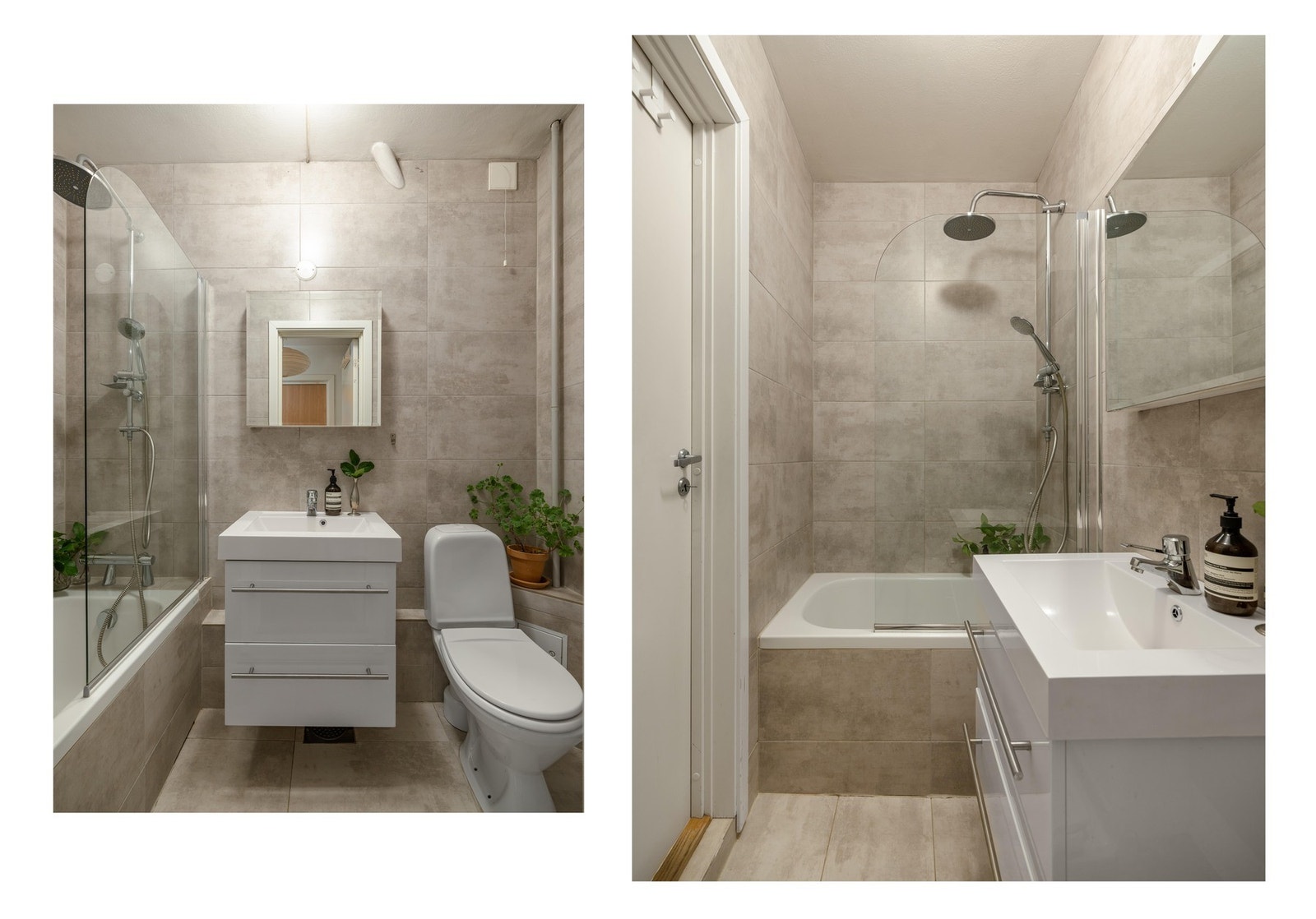 Leilighetens baderom er innredet med toalett, servant med skuffinnredning, speilskap og badekar med dusj. Galleribilde