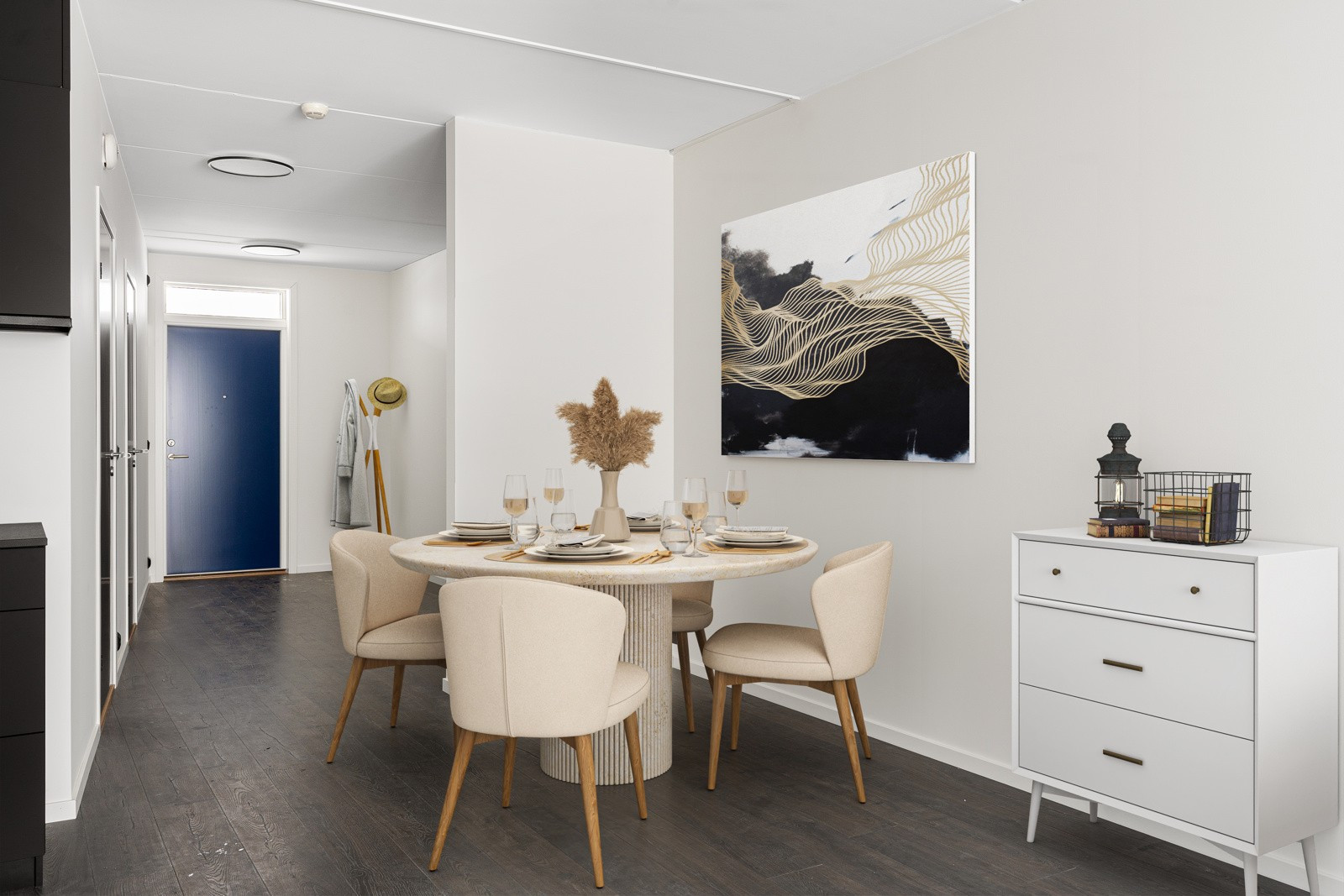 Spisebordet finner sin naturlige plass i nærheten av kjøkkenet. (Digital styling)