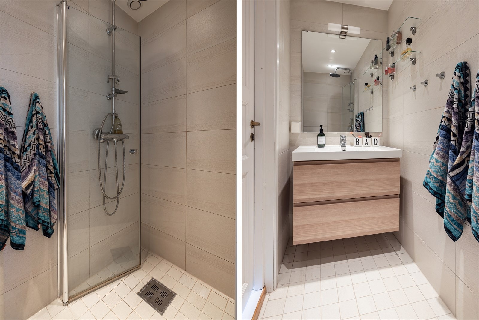 Pent og lyst baderom fra 2013 med flislagte gulv og vegger. Galleribilde