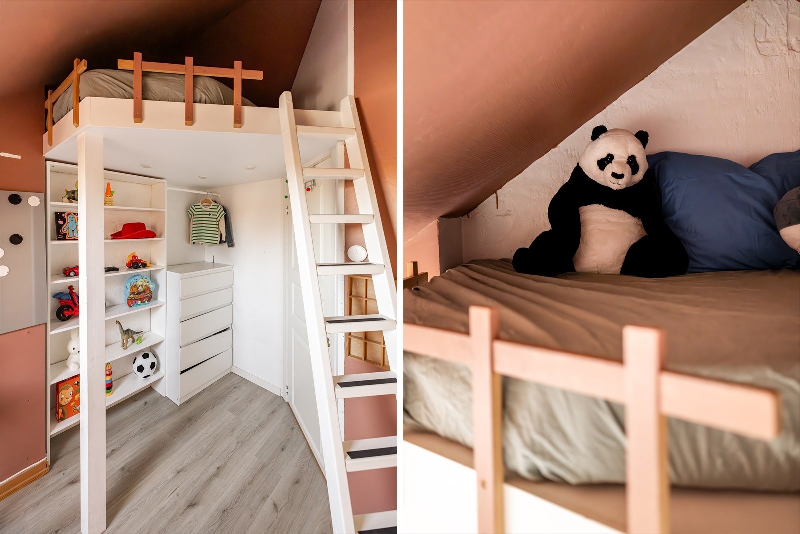 Rommet har utnyttet takhøyden godt, og bygget en hyggelig hems for de små. Perfekt til overnatting eller som lesekrok/oppbevaring. Galleribilde