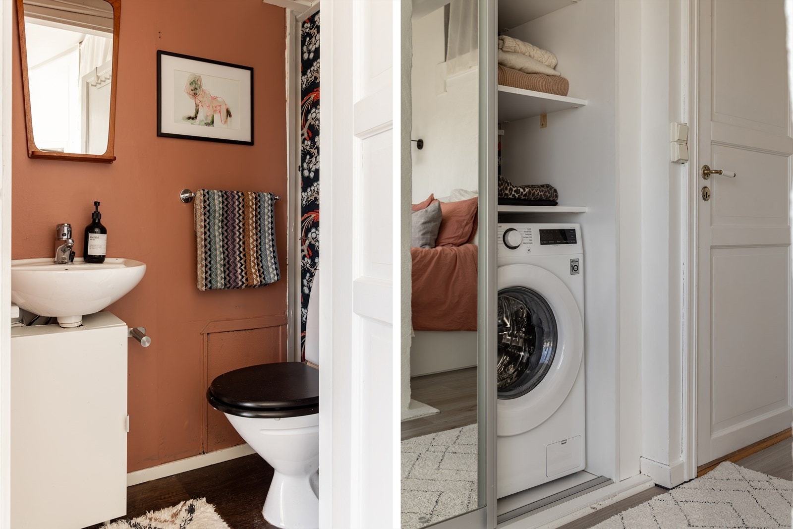 WC-rom med servant og toalett. I skyvedørsgarderoben utenfor er det opplegg for vaskemaskin med "waterguard". Galleribilde