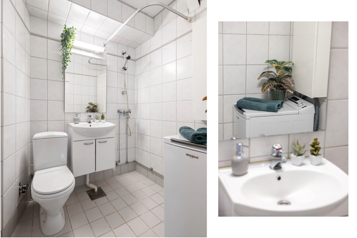 Det er opplegg til vaskemaskin som følger handelen. Denne var ny i 2019. Det er også et fellesvaskeri i borettslaget Galleribilde