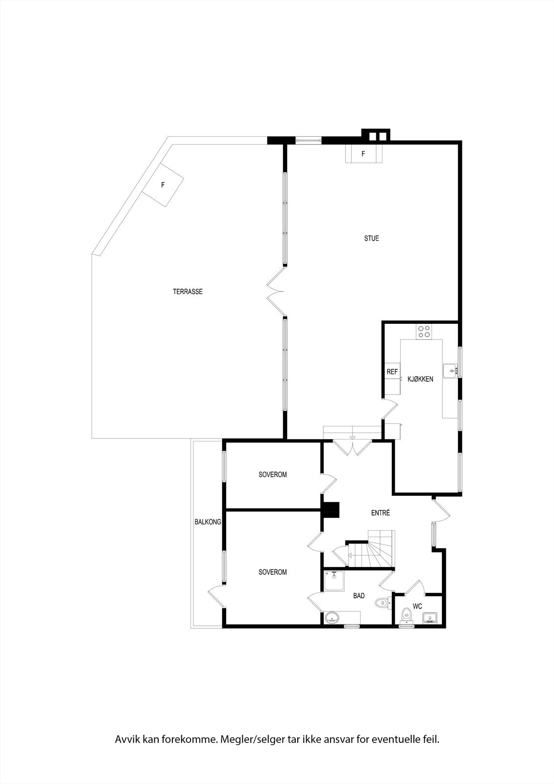 1 et.: Entré/hall med trapp, toalettrom, bad, 2 soverom, stue og kjøkken Galleribilde