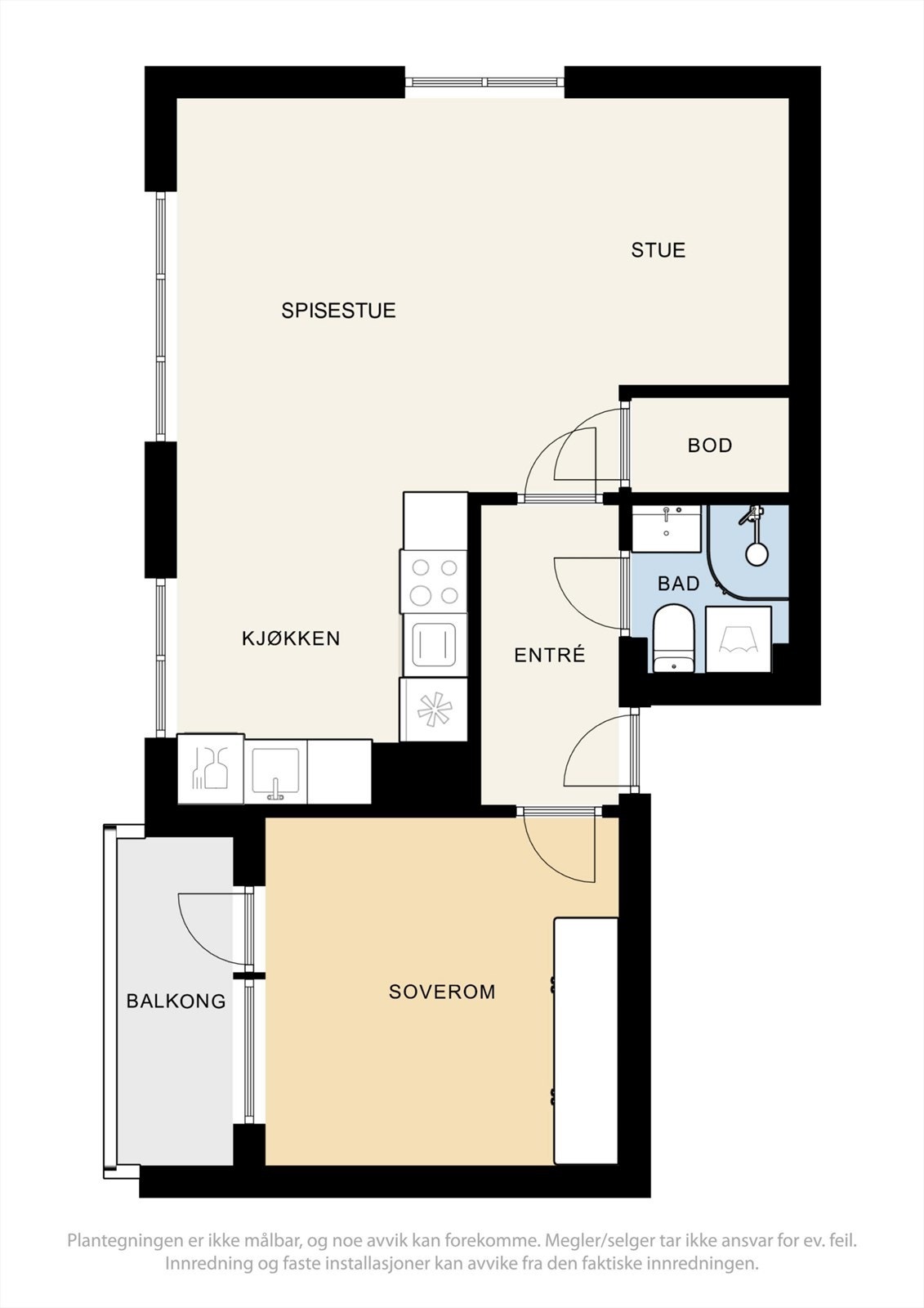 Planløsningen er effektiv der boligens 52 kvm er godt utnyttet. Lignende leiligheter i borettslaget har bygget om boligen til en 3-roms ved å flytte kjøkkenet ut i stuen. Galleribilde