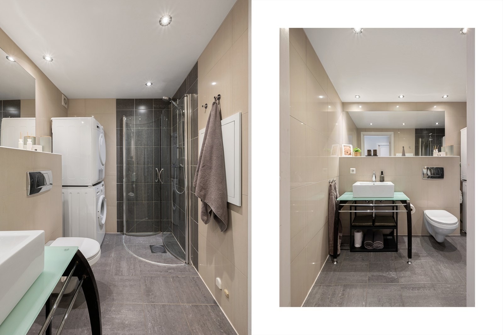 Badet er helfliset med downlights i himling. Galleribilde