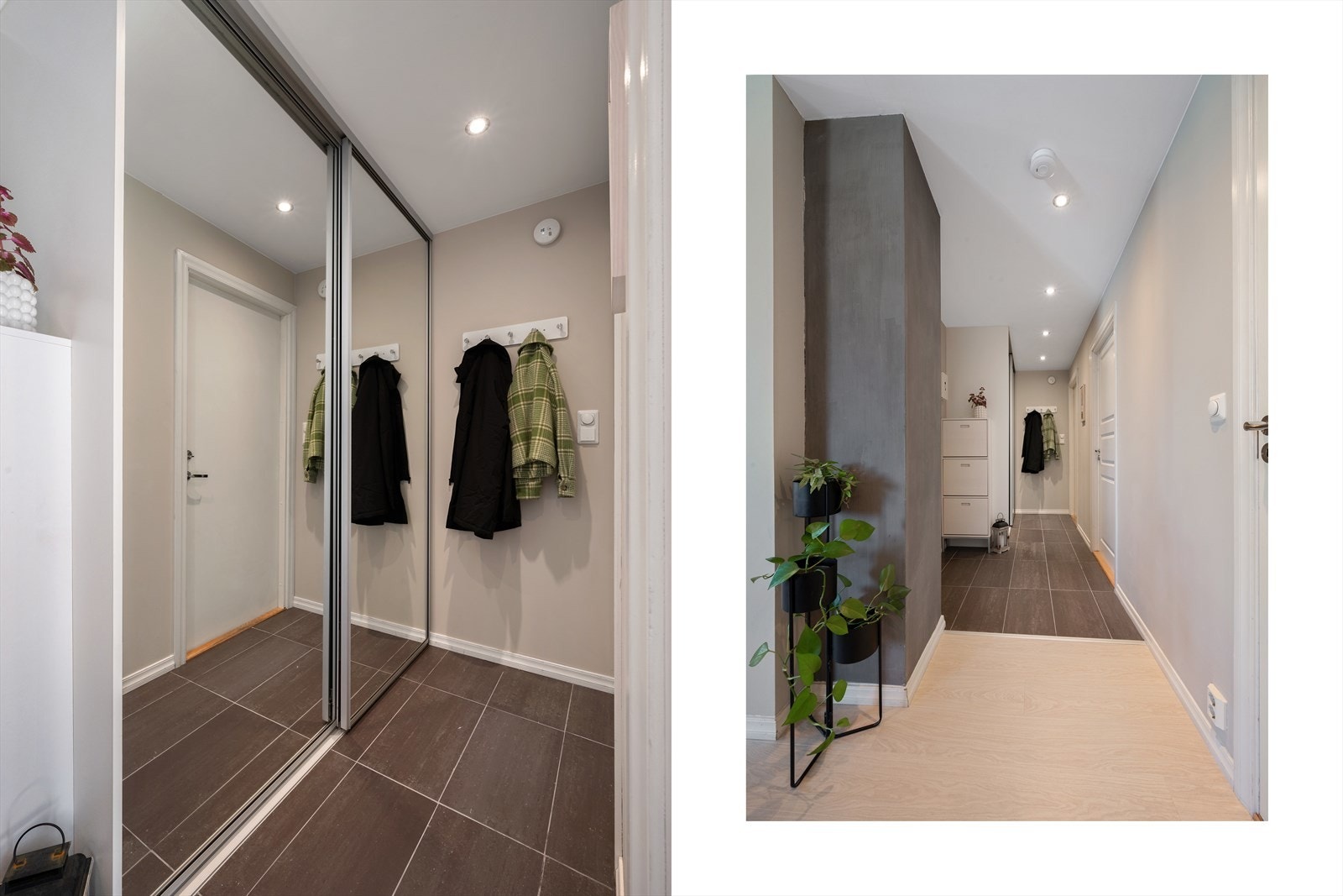 Velkommen inn! Det er rikelig med plass til å henge fra seg yttertøy og sko i den romslige skyvedørsgarderoben. Varmekabler under flisene som man også kan smartstyre. Galleribilde