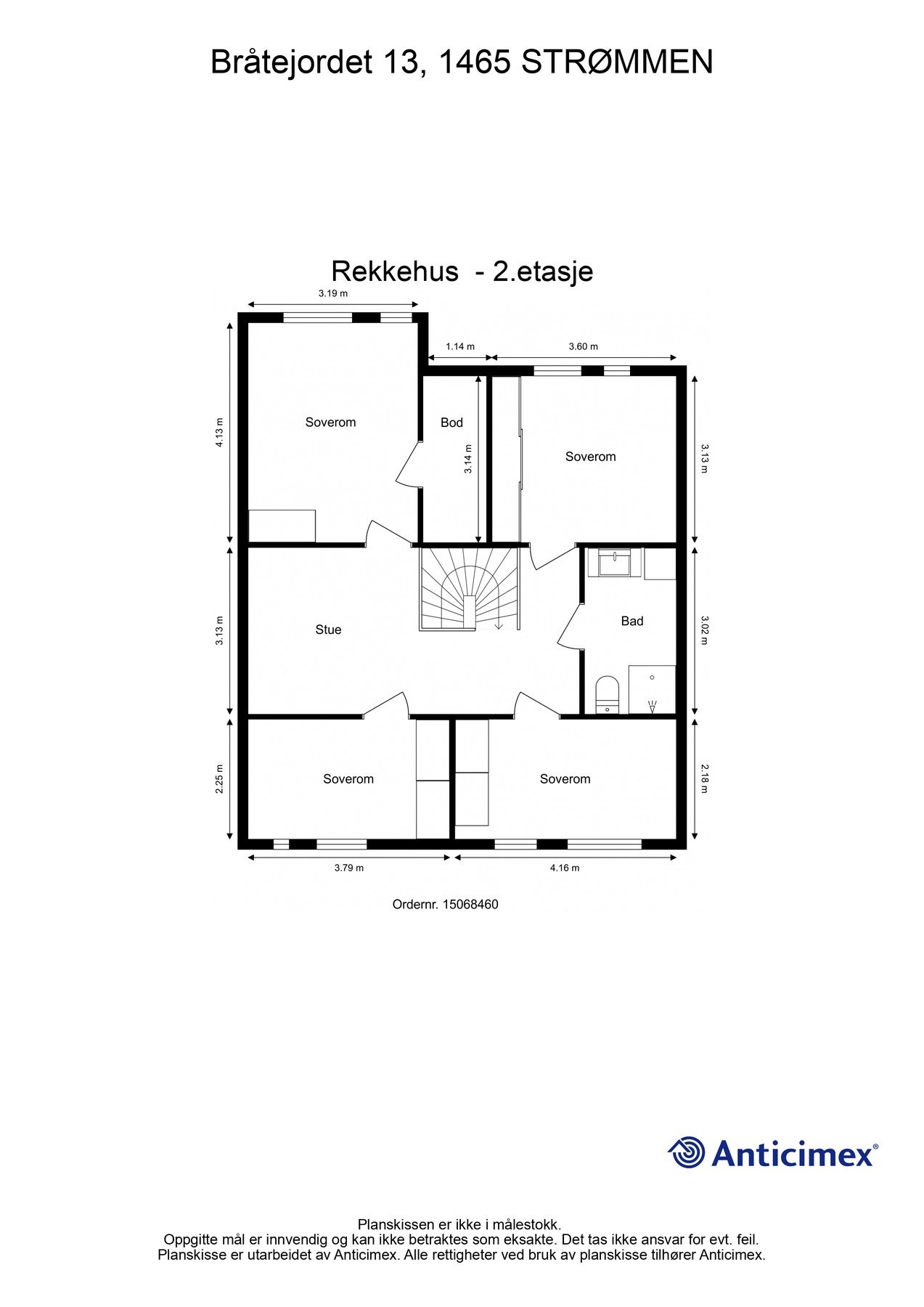 Dette er 2. etasje. Her ligger fire av boligens soverom, badet og et åpent areal med plass til møblering. Galleribilde