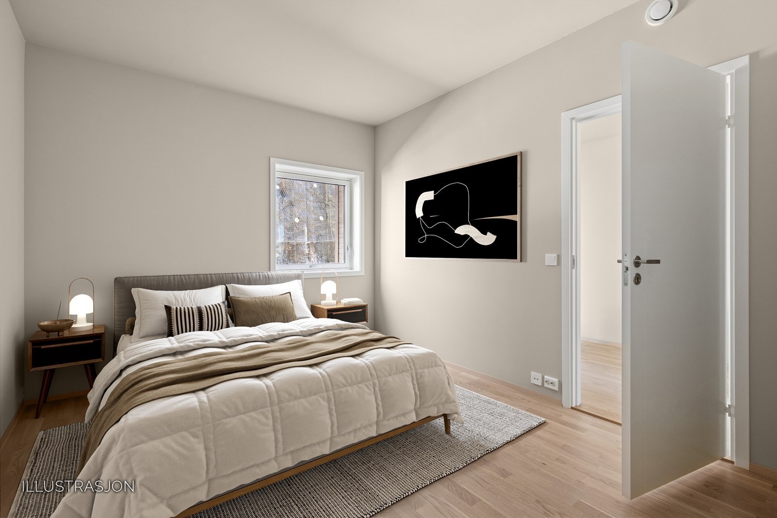 Lyst og innbydende soverom med plass til dobbeltseng og garderobeløsning.
Illustrasjonsbilde som viser hvordan rommet kan innredes.
Nøytrale farger og godt med naturlig lys gir en rolig atmosfære. Galleribilde