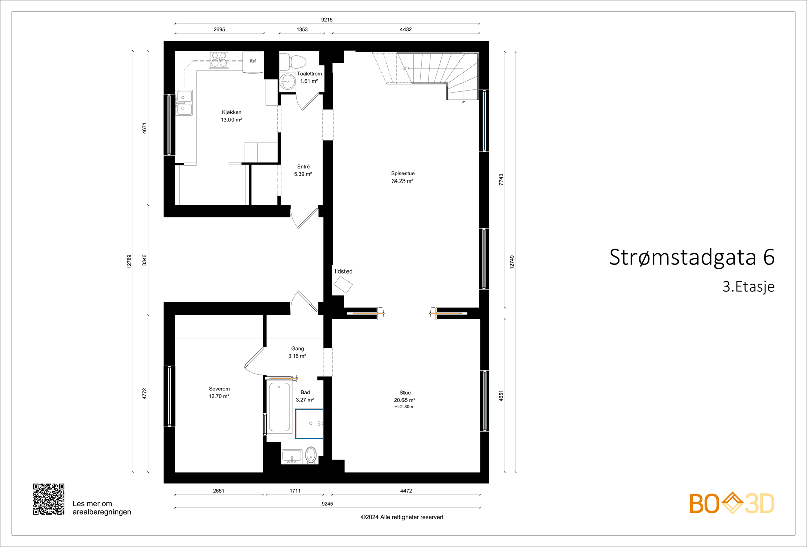 Strømstadgata 6- Målsatt plantegning 3.Etasje. Galleribilde