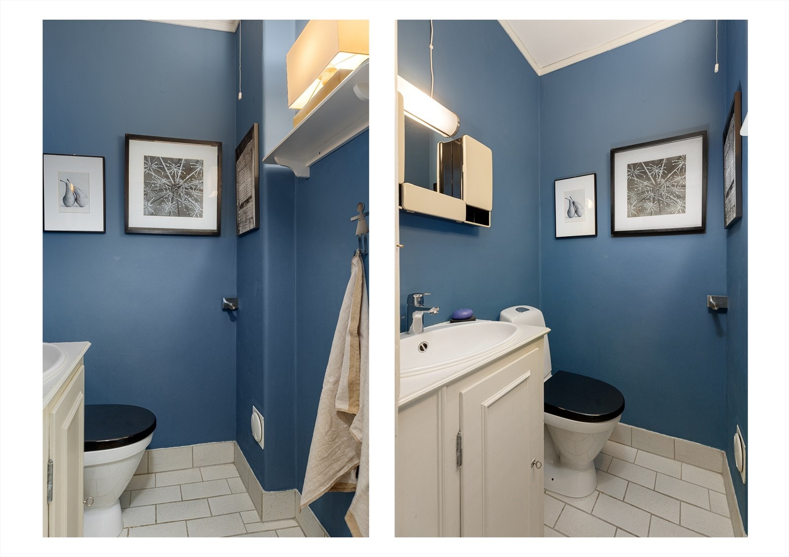 Flott toalettrom med servantinnredning, servant med ettgreps blandebatteri og frittstående toalett. Galleribilde