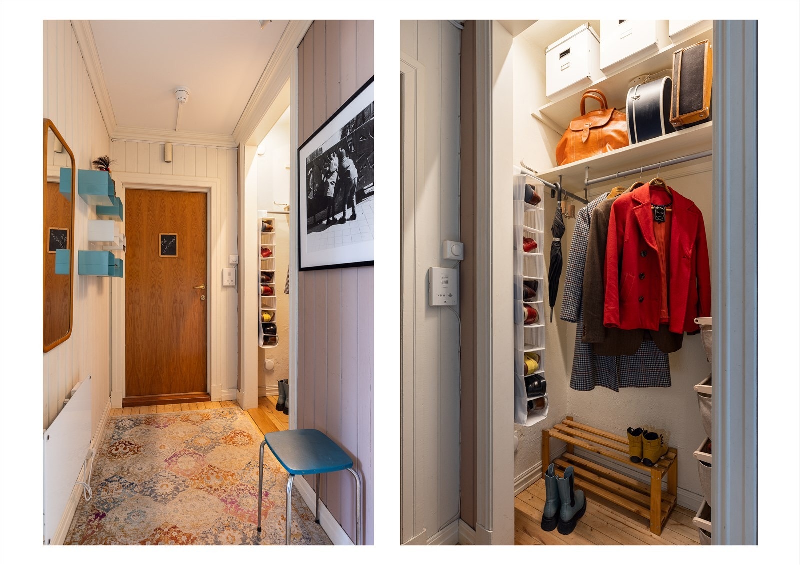 Velkommen inn! Innbydende entré med gode muligheter til å henge opp jakker og sette fra seg sko. Galleribilde