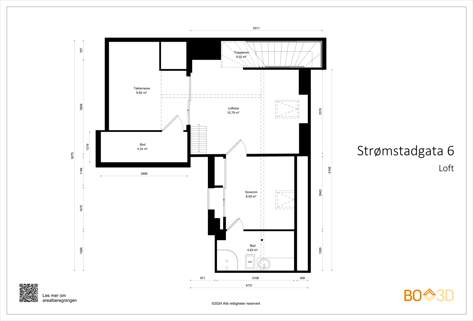 Målsatt plantegning loft. Galleribilde
