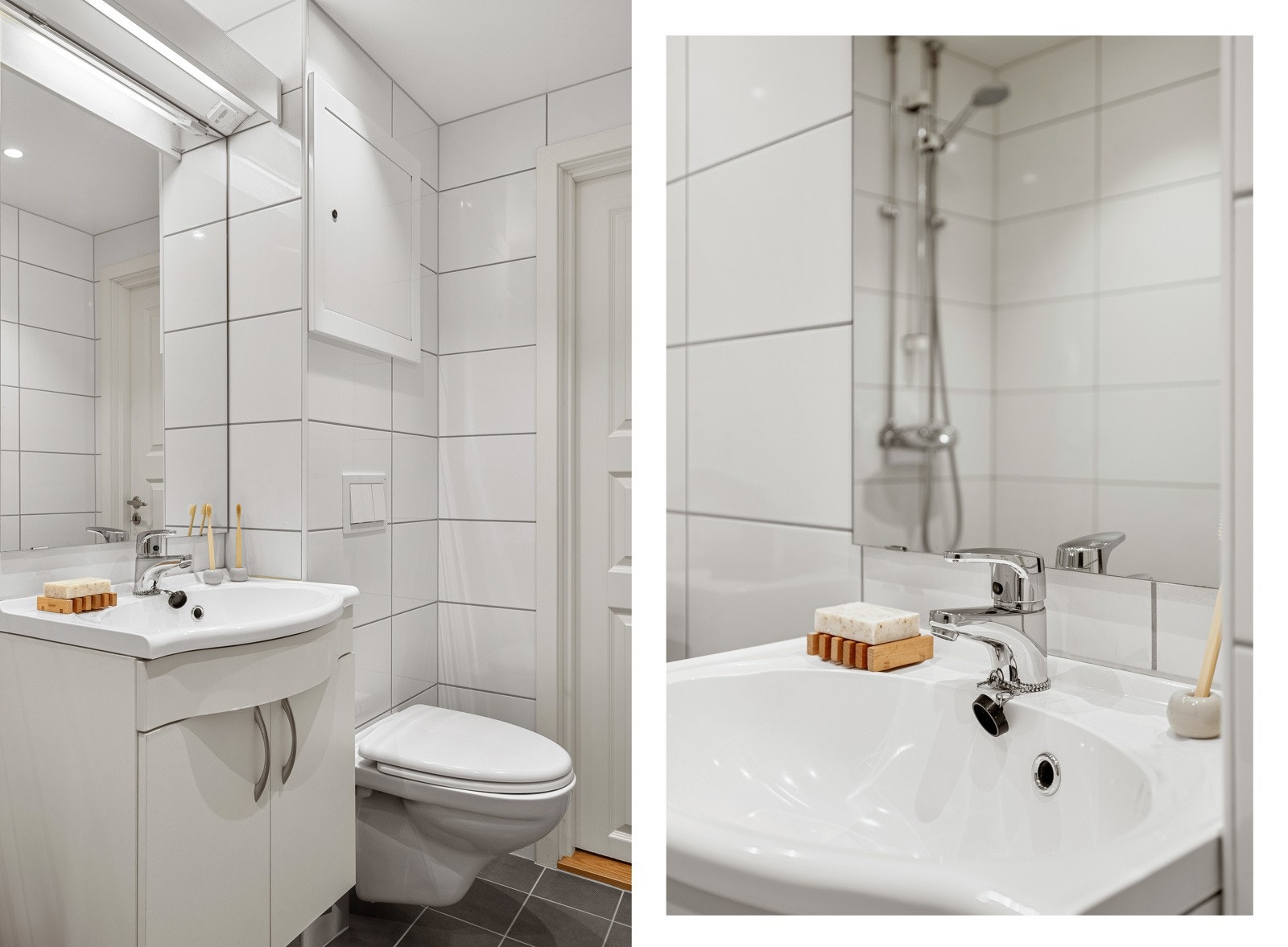 - Badet kombineres med vaskerom og har avsatt plass til vaskemaskin og tørketrommel - Galleribilde