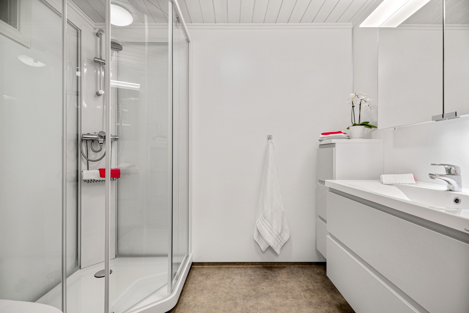 Badet nede er utstyrt med dusjkabinett og har en pen klassisk innredning. Galleribilde