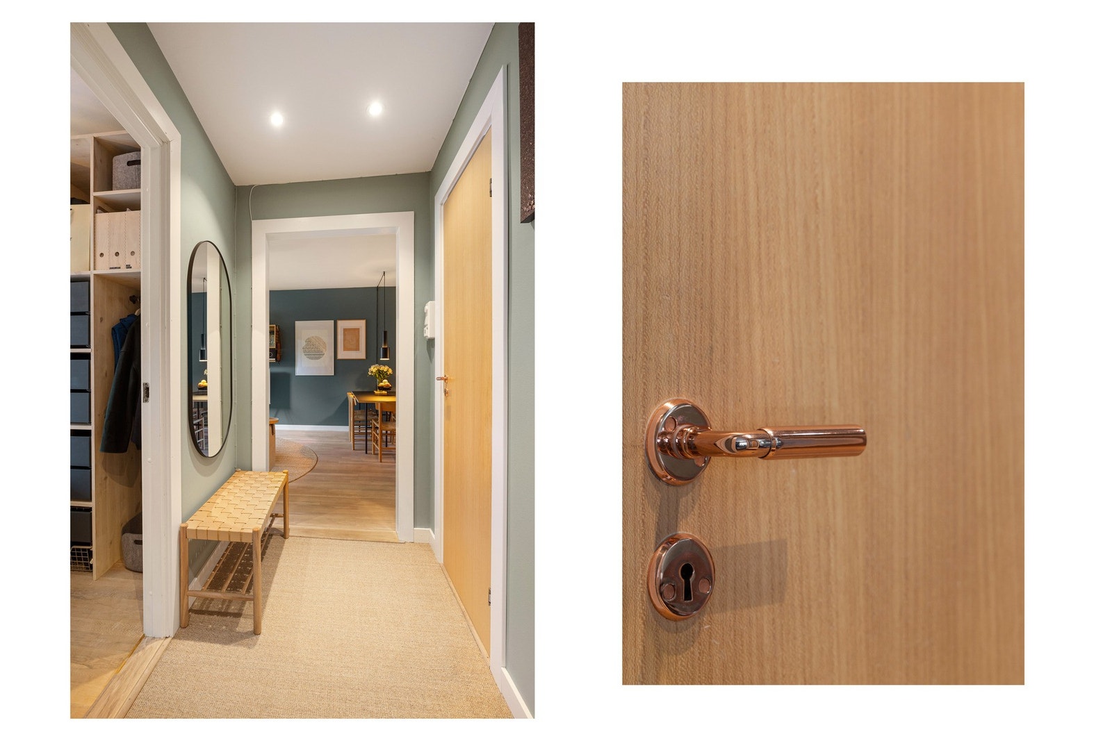 Det er lagt teppe i naturlig sisal på gulv. Galleribilde