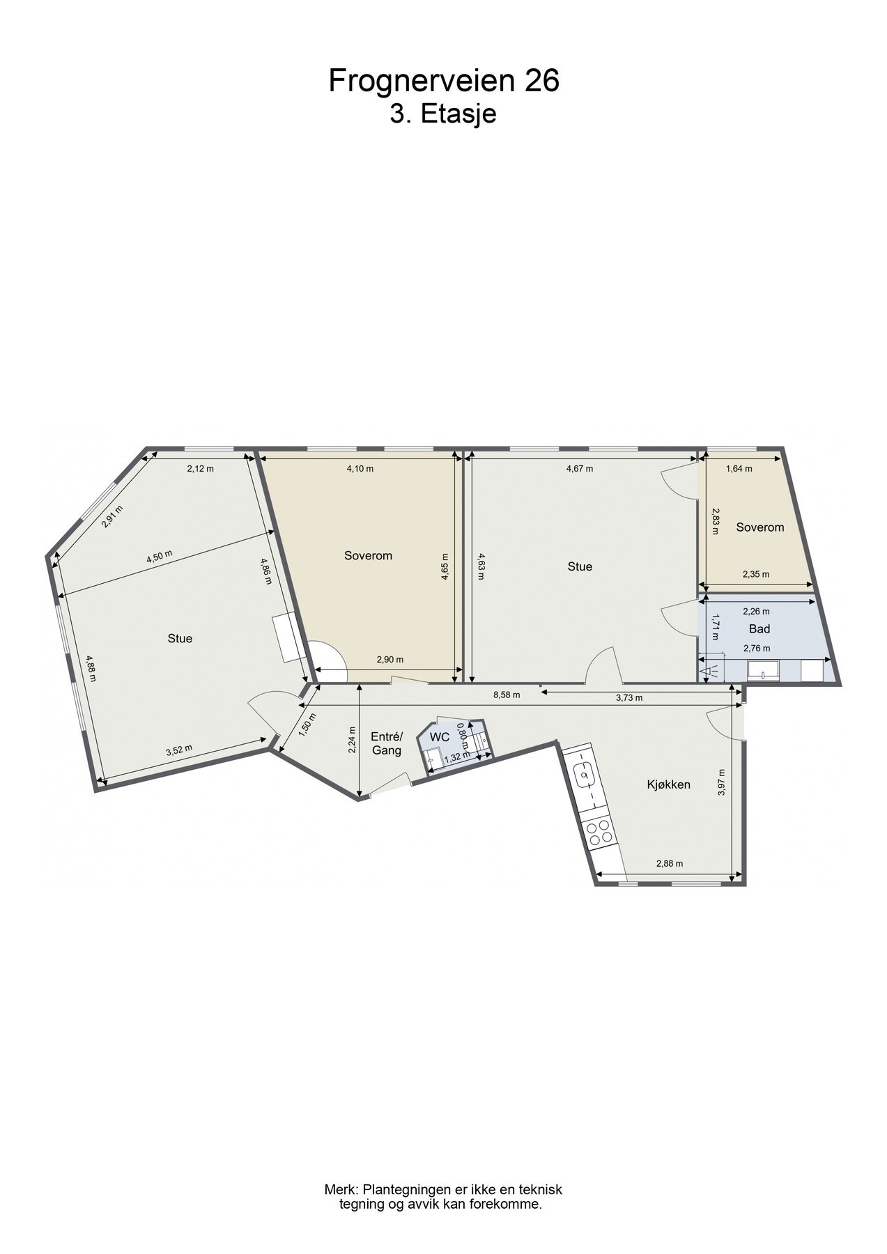 Plantegning. Boligen disponerer en bod i oppgangen og en kjellerbod. Hhv 2 og 5 kvm. Galleribilde