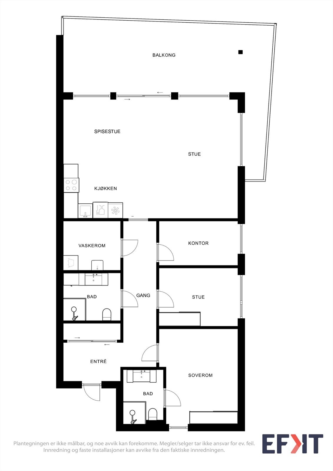 Leiligheten er på 91 m² og har 3 soverom, 2 bad, vaskerom og en romslig stue med åpen kjøkkenløsning Galleribilde
