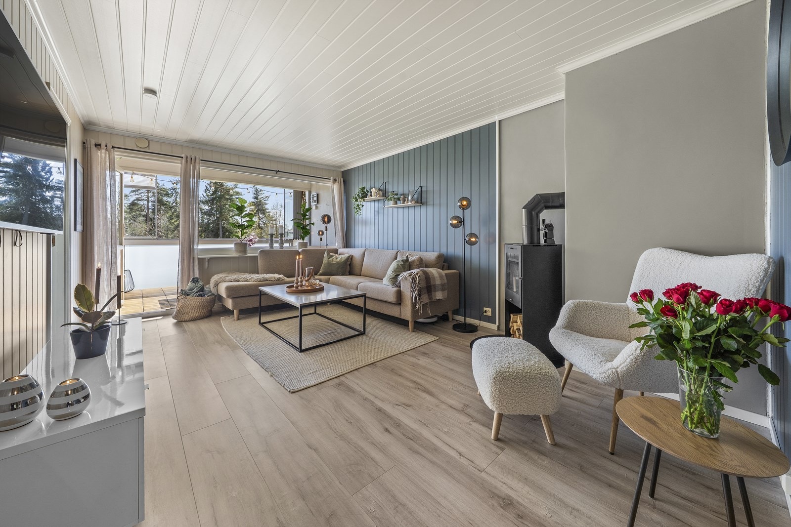 Fra gangen kommer du inn en romslig stue med plass til sofa/tv-gruppe. Galleribilde