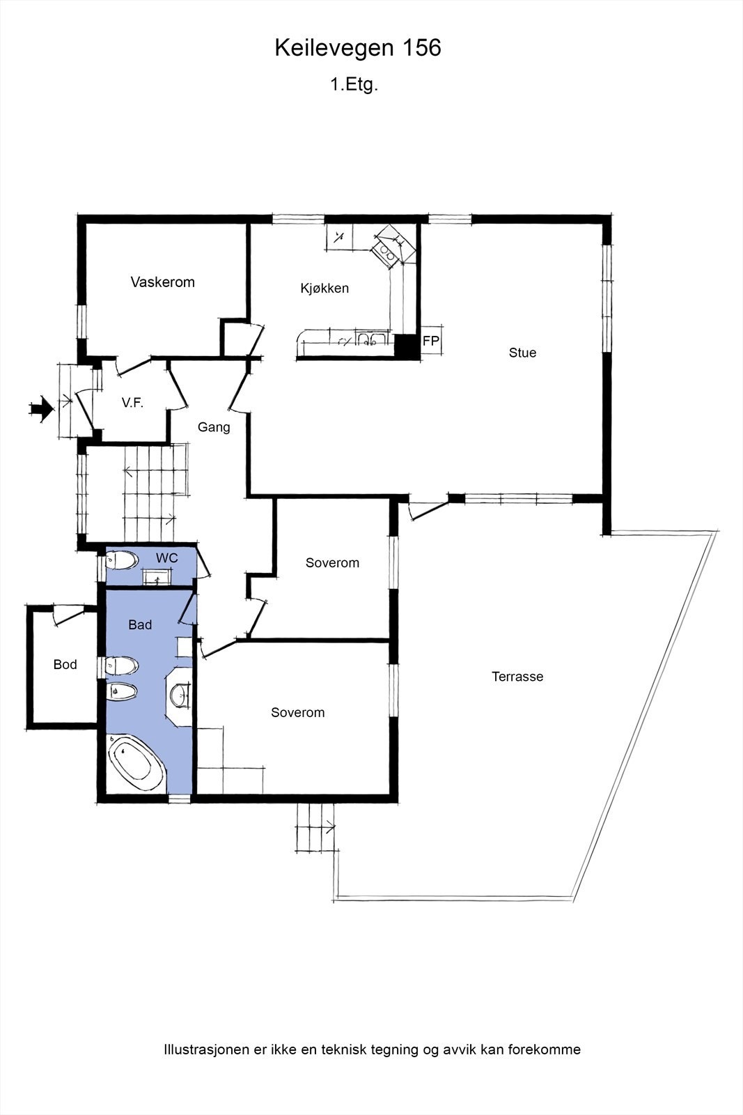 Plantegning 1 etasje. Det gjøret oppmerksom på at planløsning er endret for overetasjen i henhold til opprinnelige bygningstegninger. Se salgsoppgavens punkt for innhold. Galleribilde
