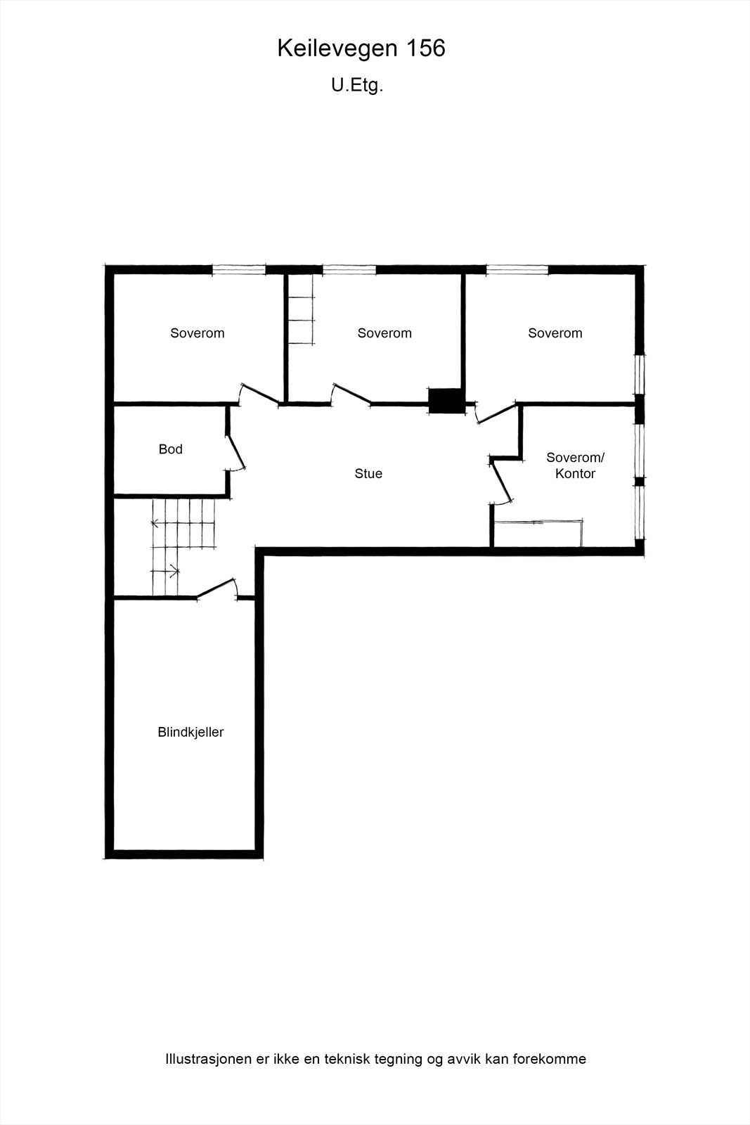 Plantegning underetasje. Husets opprinnelige tegninger viser at underetasjen er uinnredet og kommunen kan ikke finne byggesaksmappe på denne eiendommen. Megler kan da ikke finne dokumenter som viser om planløsningen i underetasjen er godkjent eller ei. Galleribilde