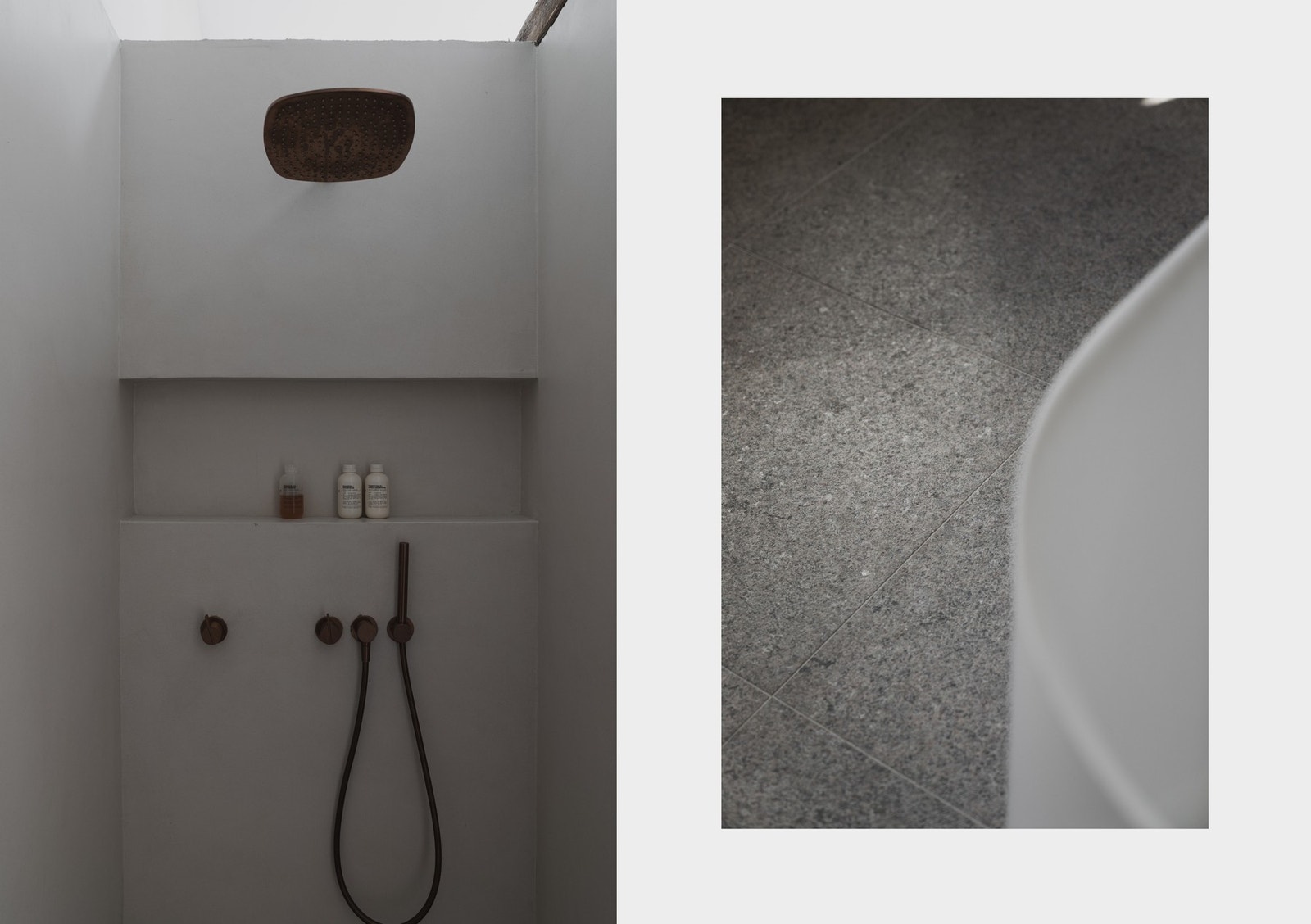 Badet har både et frittstående badekar og en dusjnisje med regnfallsdusj og hånddusj i kobber. Galleribilde