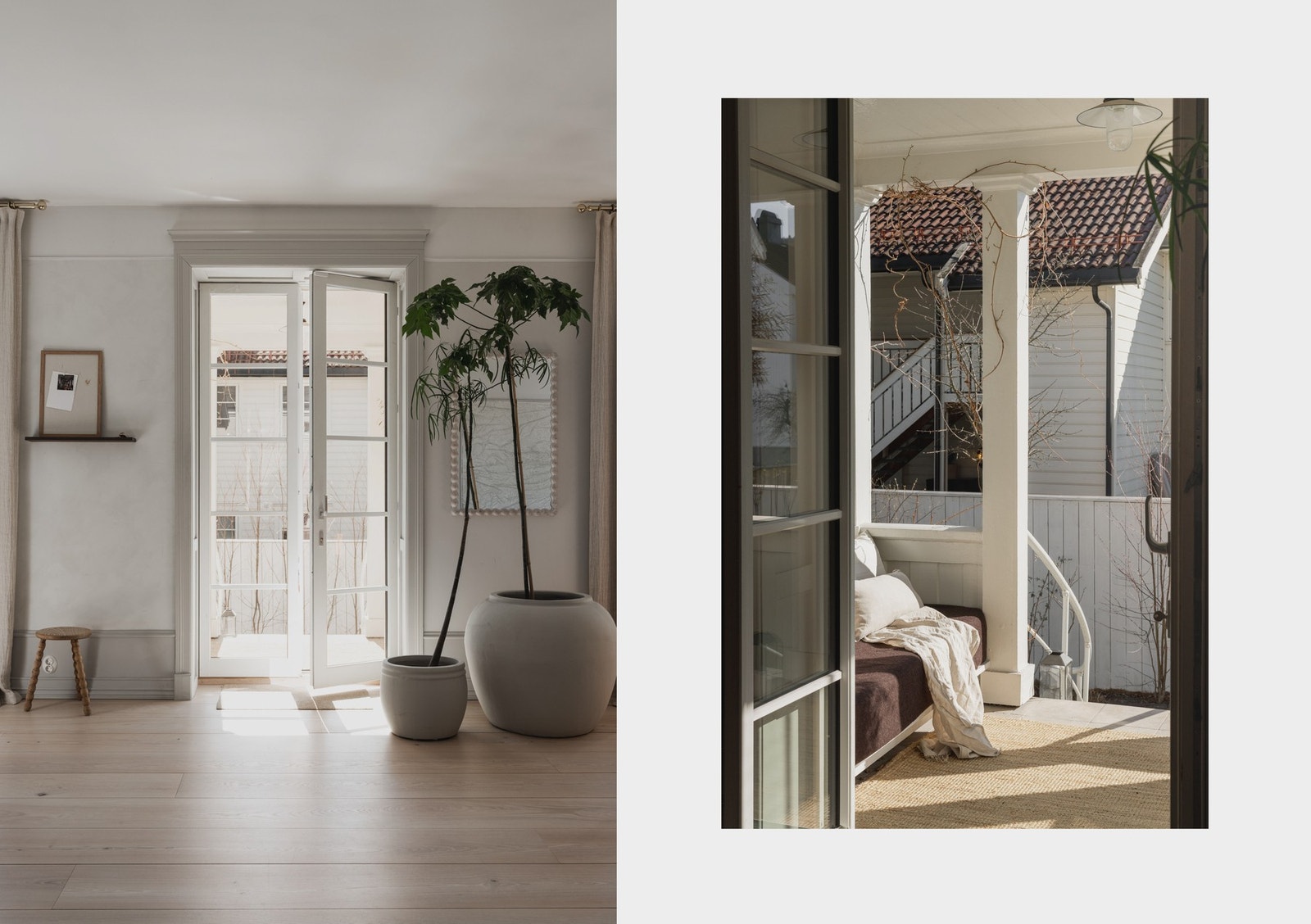 Fra verandaen utenfor inngangen er det direkte adkomst til spisestue/kjøkken via tofløyede dører med helt glassfelt. Galleribilde