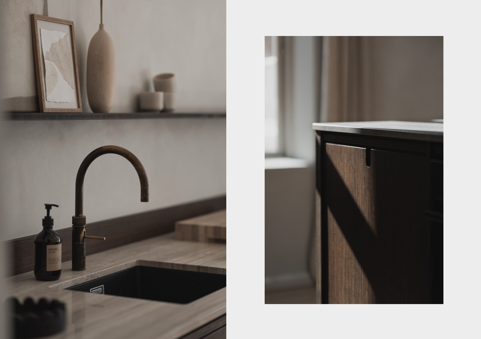 Benkeplaten er i lys stein med underlimt vaskekum i mørk kompositt. Galleribilde