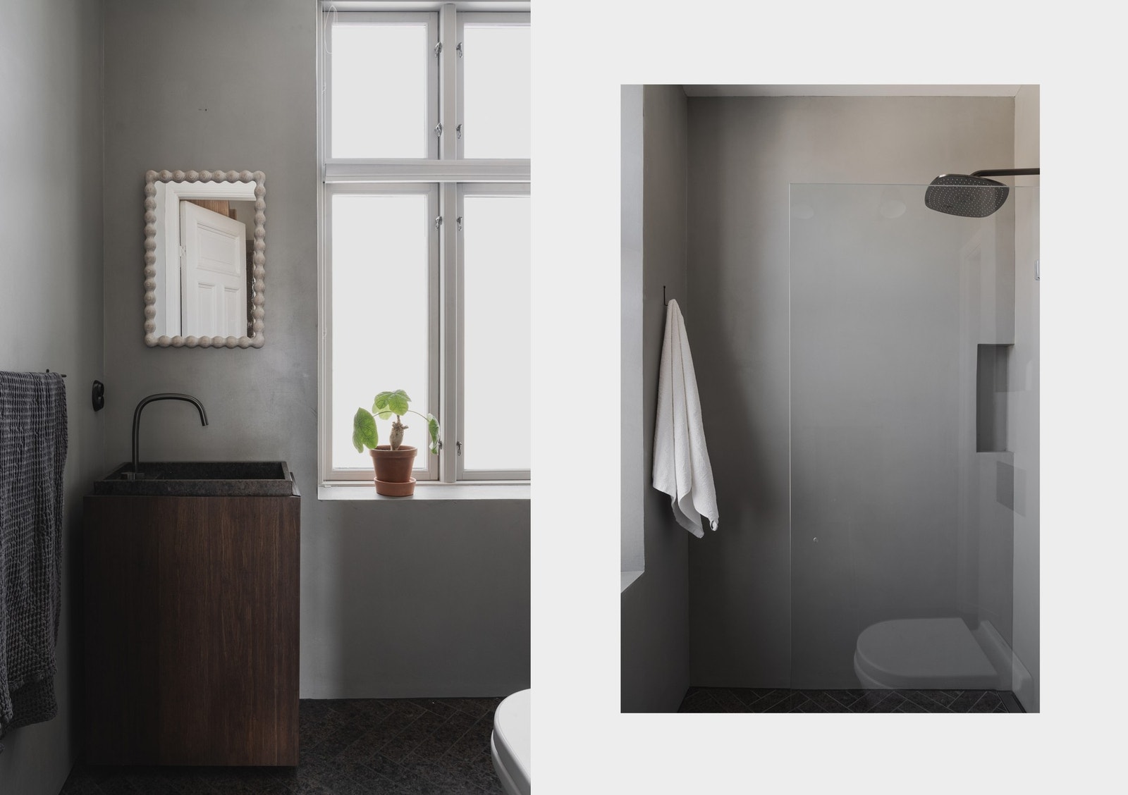 Badet i første etasje ble også pusset opp i 2020/21 med fliser på gulvet, gulvvarme og regnfallsdusj. Galleribilde