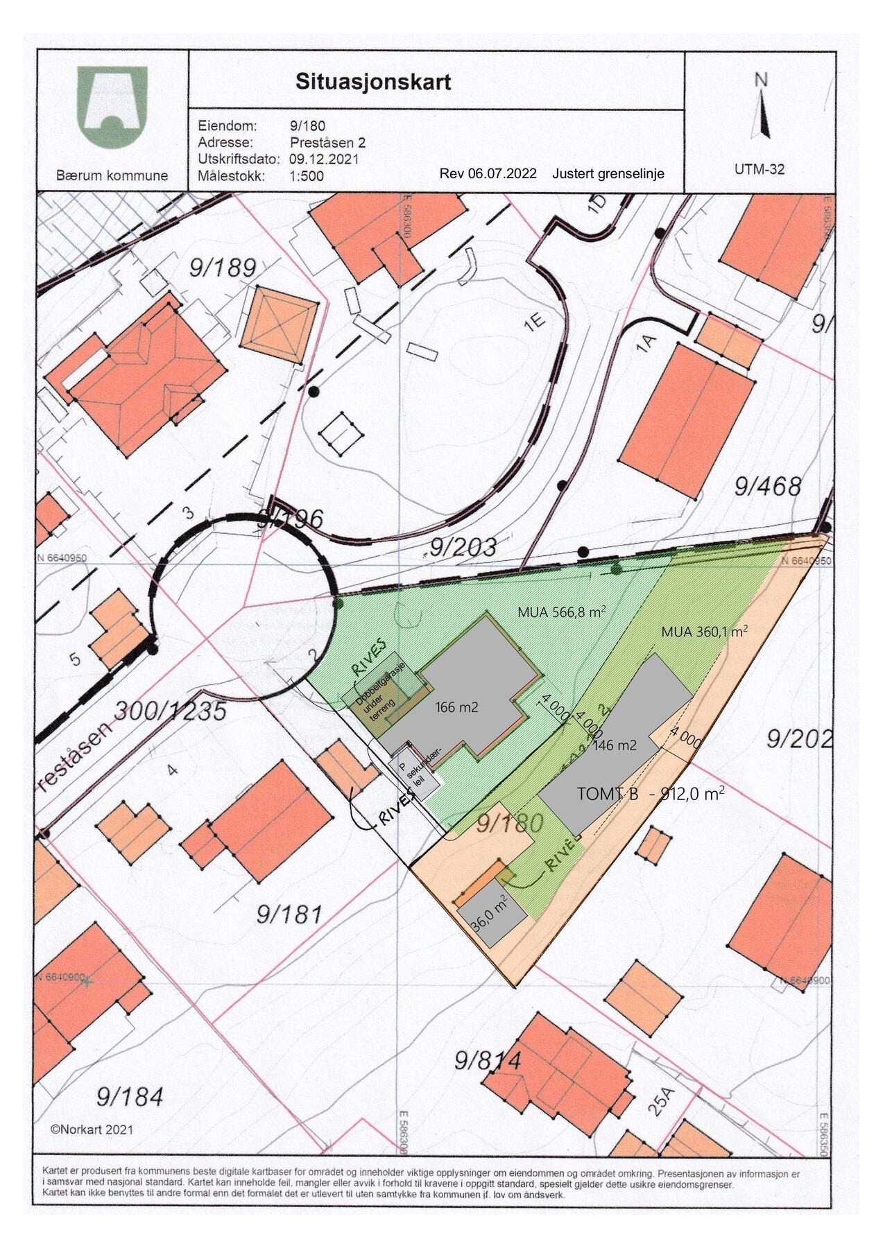 Siutasjonskart - Maksimal utnyttelse er 20% BYA, så tomten kan bebygges med en enebolig med garasje med grunnflate på inntil 182 m². Galleribilde