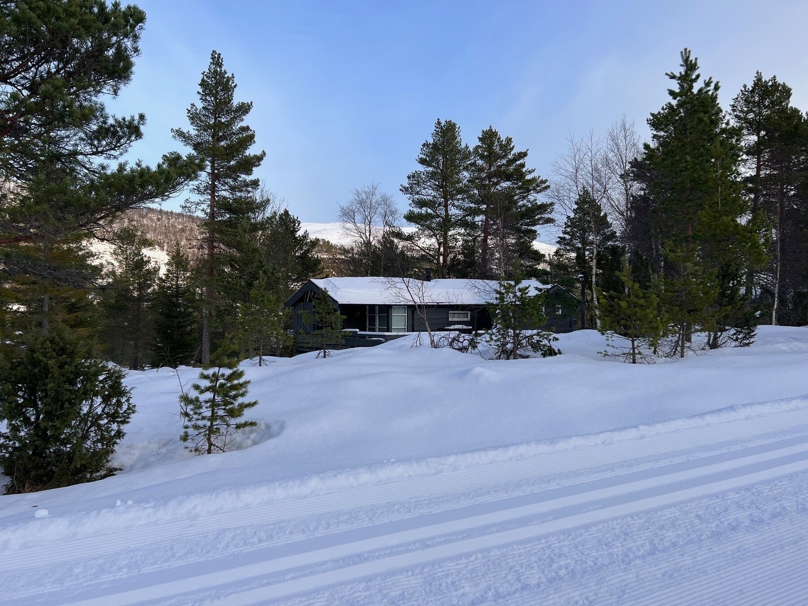 Fasadebilde en vinterdag - skiløypa går på vegen like forbi hytta. Flotte løyper videre i terrenget, feks rundt Svartløken, til Ørskogfjellet, Liasetra eller rundt Mevatnet via Osen bru. Privat bilde. Galleribilde