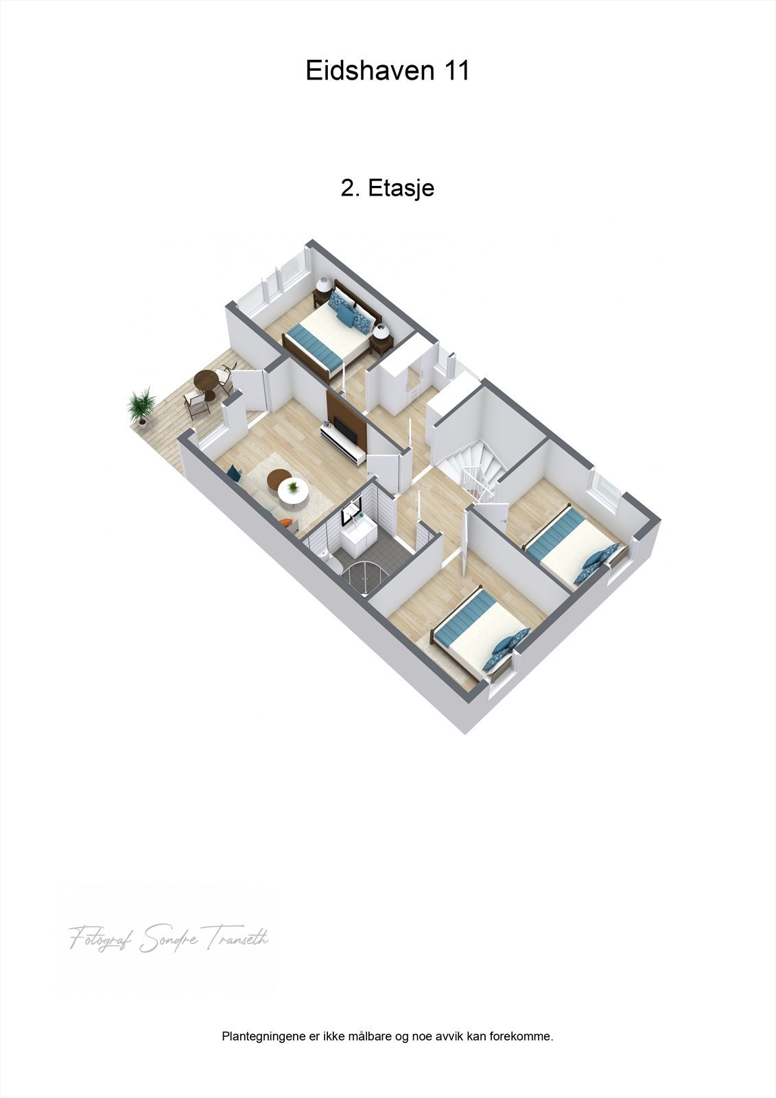 Planløsning 2.etg.: mellomgang 3 stk. soverom, ekstra tv-stue, walk-in garderobe, samt bad. Galleribilde