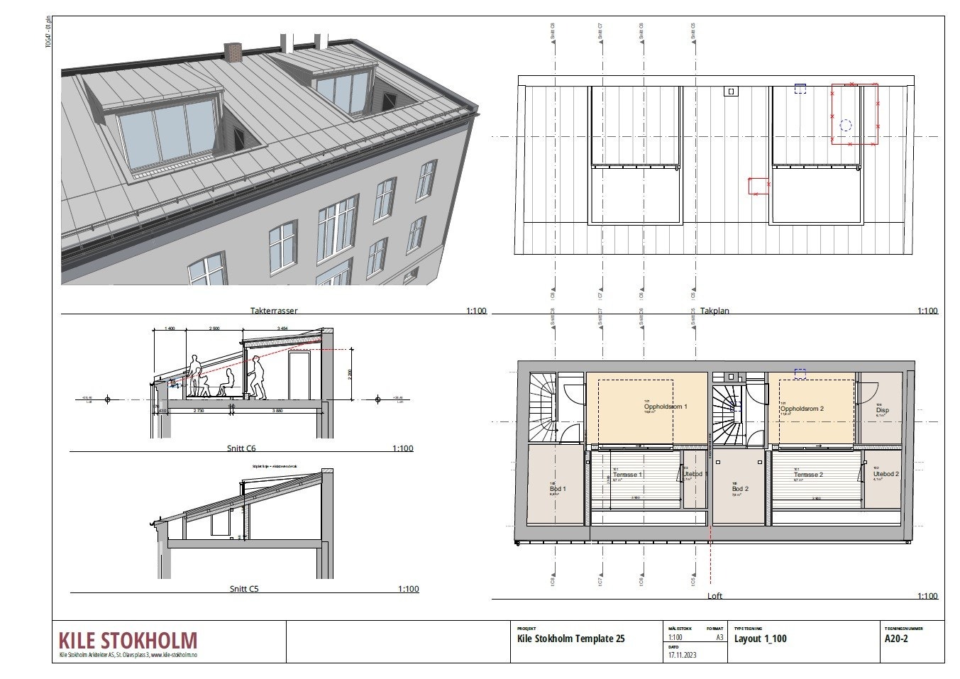 Selger har sammen med naboen undersøkt mulighet for å bygge takterrasse i 3.etg. Prosjektet ble tegnet av arkitekt, utredet av statiker og akseptert av byantikvaren. Selger besluttet likevel å ikke gjennomføre prosjektet grunnet antatt krav om sprinkling. Galleribilde