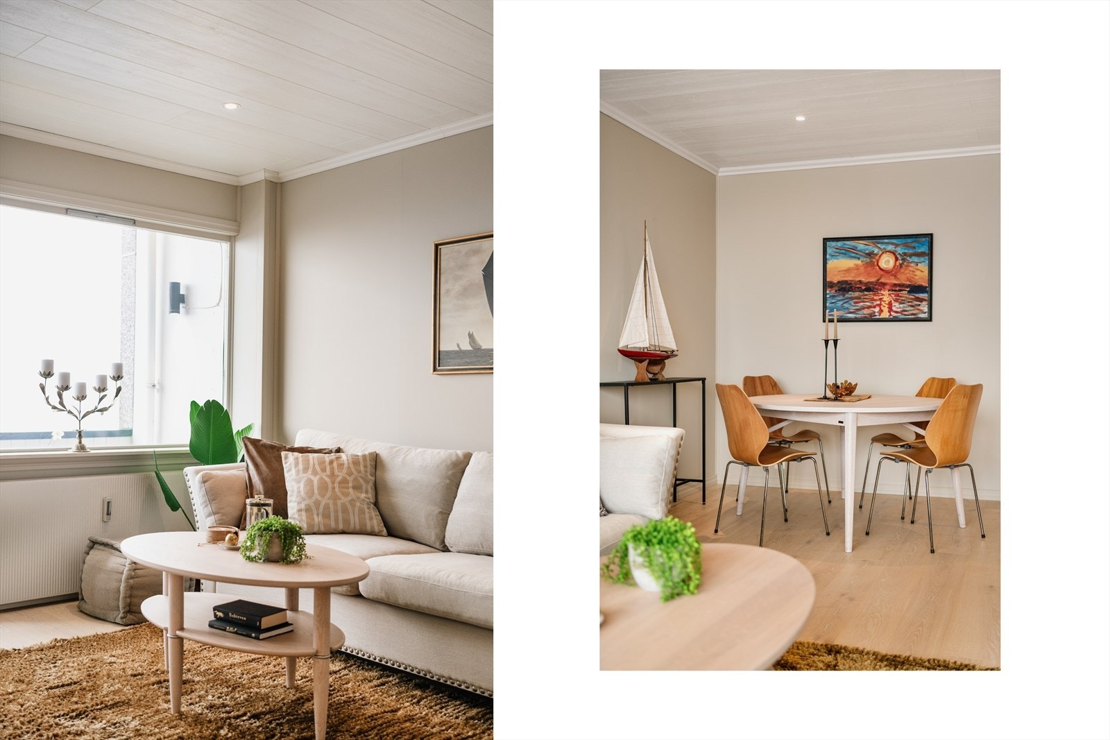 Stuen har to soner, en til sofakrok og en til spisebord. Galleribilde