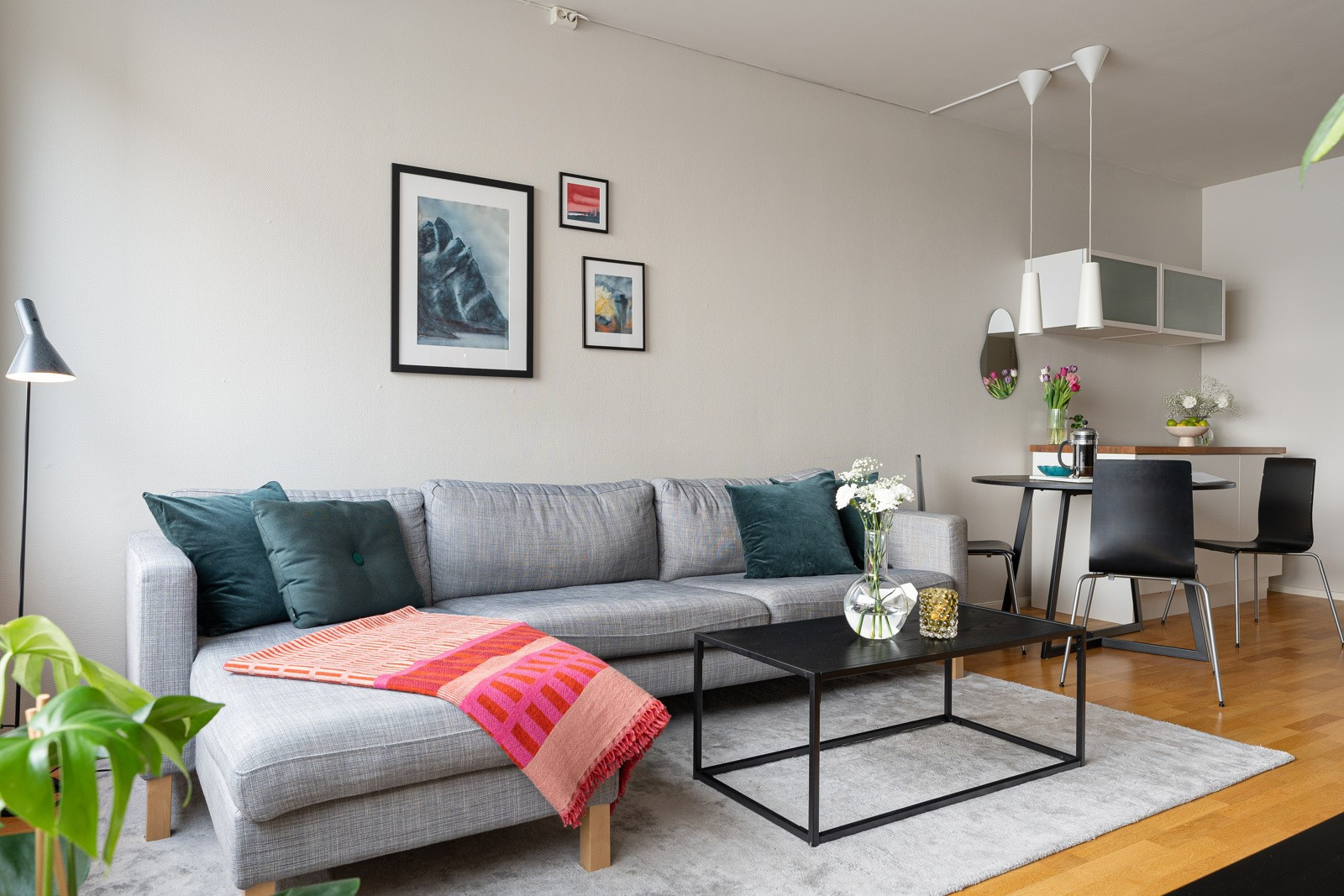 Naturlige soner for møblering av sofa og spisebord.