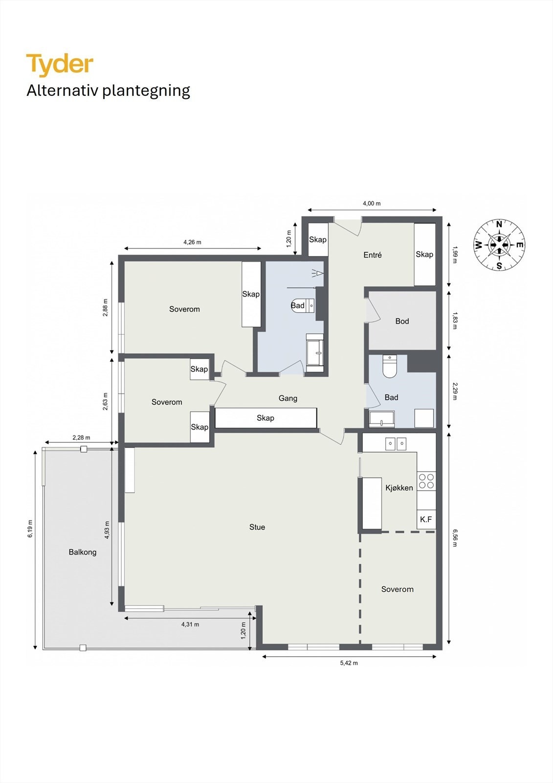 Alternativ plantegning - Leiligheten ble originalt tegner inn som en 4-roms leilighet med ekstra soverom. Galleribilde