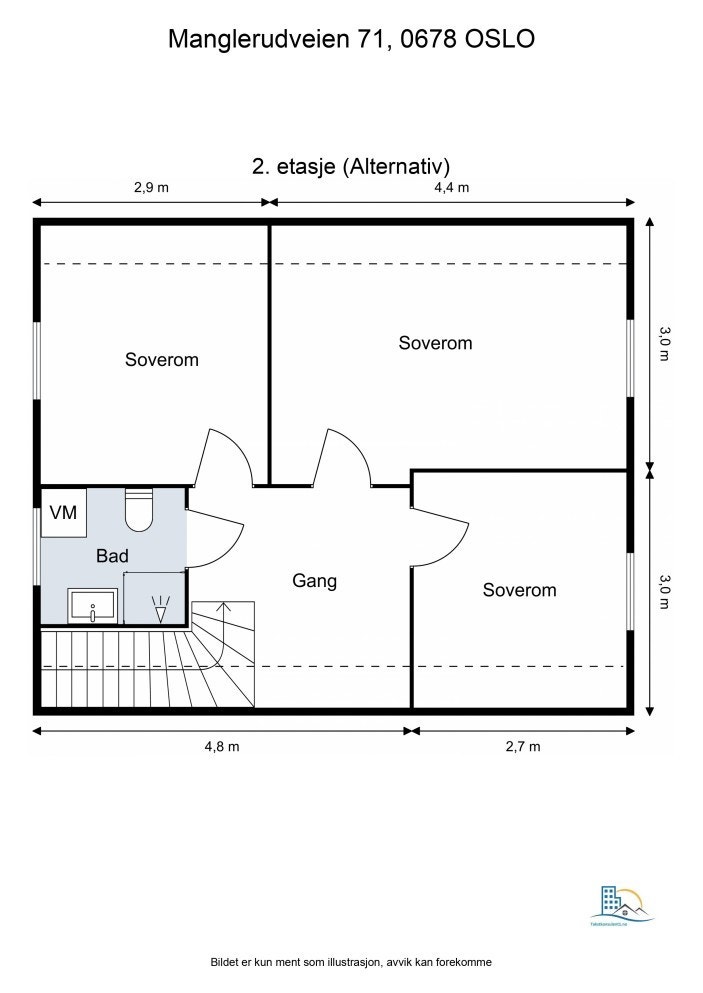 Alternativ plantegning 2. etasje. Tidligere soverom er innlemmet med bad. Det er mulig å etablere et ekstra soverom Galleribilde
