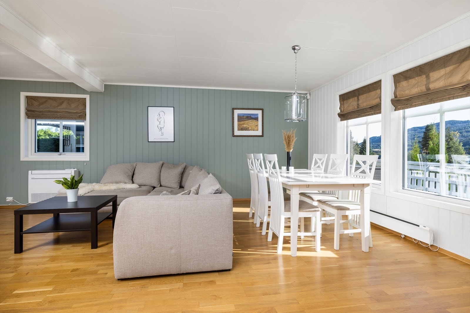 Rommet er romslig og innbyr til fleksibel møblering med plass til både sofagruppe og spisebord. Galleribilde