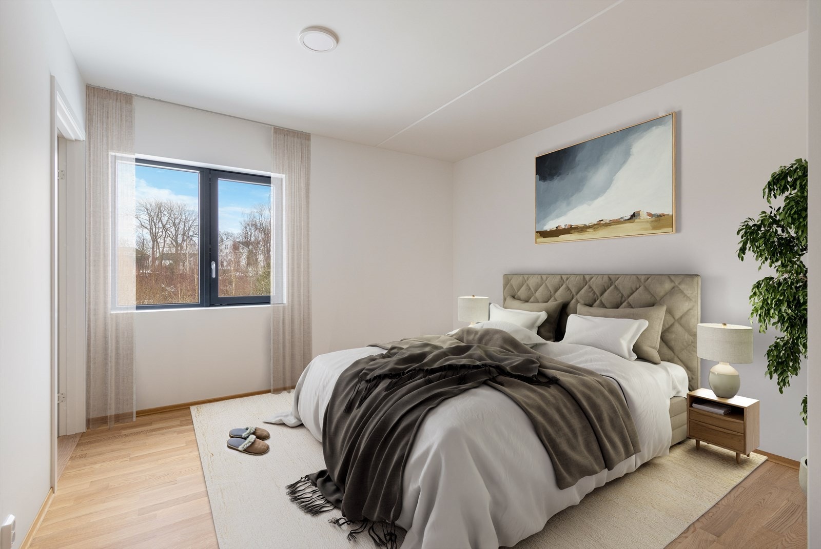 Hovedsoverommet har tilstøtende og praktisk garderobe/oppbevaringsrom. Bildet er digitalt møblert Galleribilde