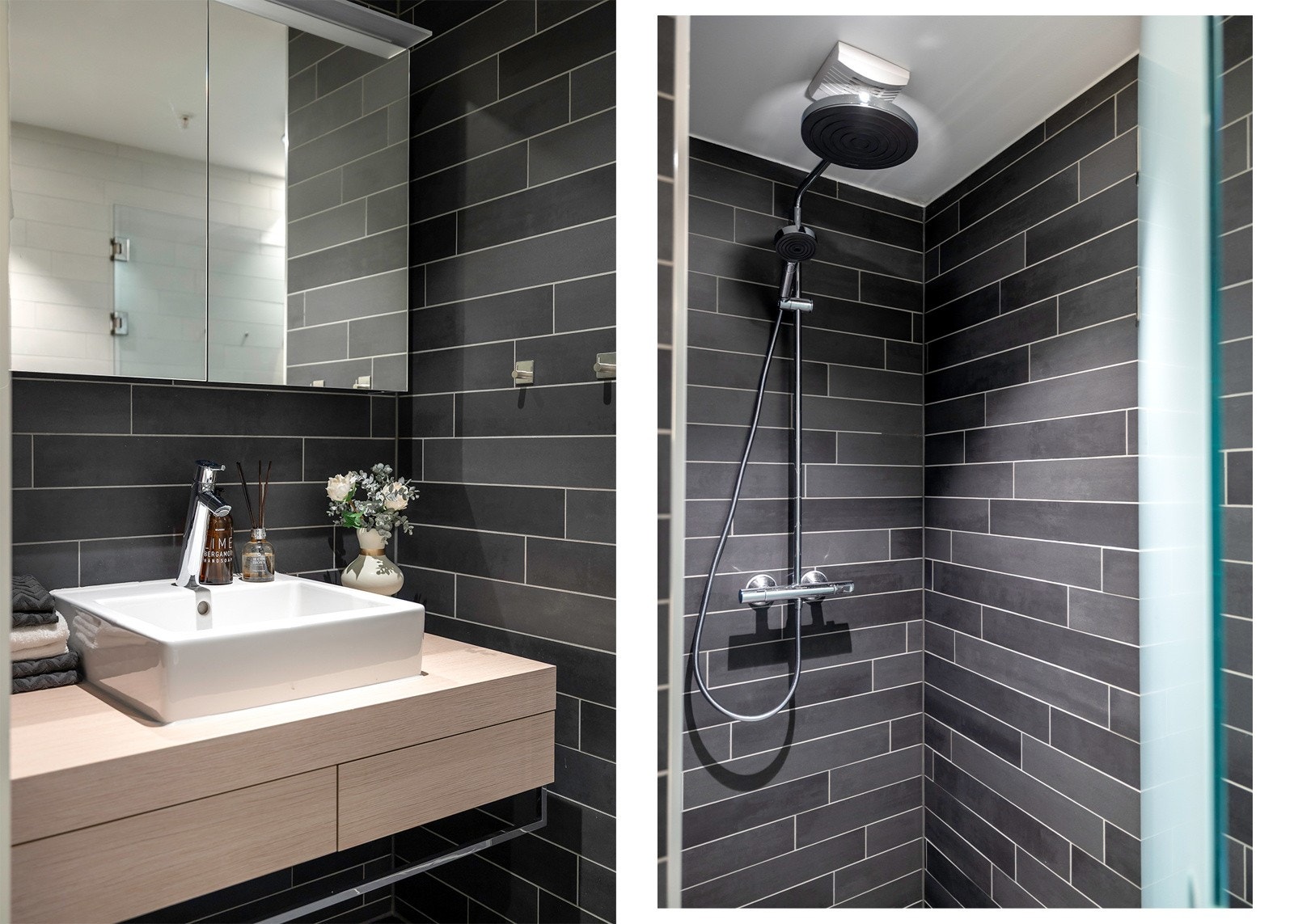 Badet har et moderne og eksklusivt uttrykk, med mørke fliser på både gulv og vegger, kombinert med lyse fliser på én vegg. Galleribilde